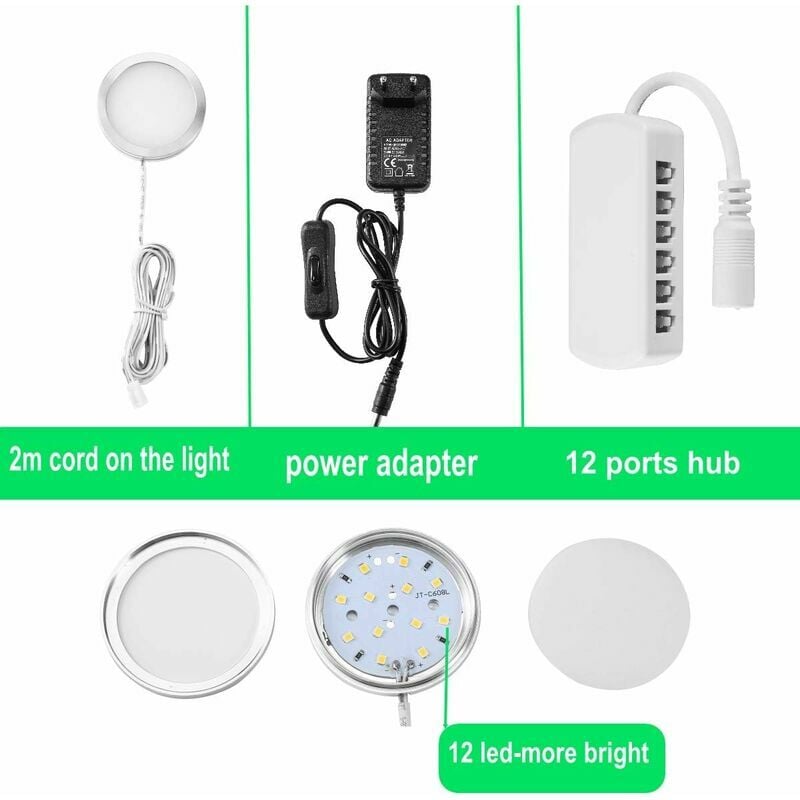 Spot LED sous meuble, éclairage sous meuble, vitrine, spot encastré, 16 W, pour meuble, placard, cuisine, blanc froid 6000 K (8 pièces) - 4