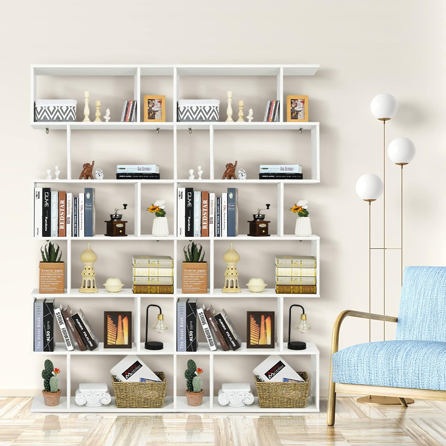 Bibliothèque en Forme S, 80 x 23 x 191 cm Étagère de Rangement à 6 Niveaux, Style Moderne Industriel avec Dispositif Anti-Basculemen, Blanc - 2
