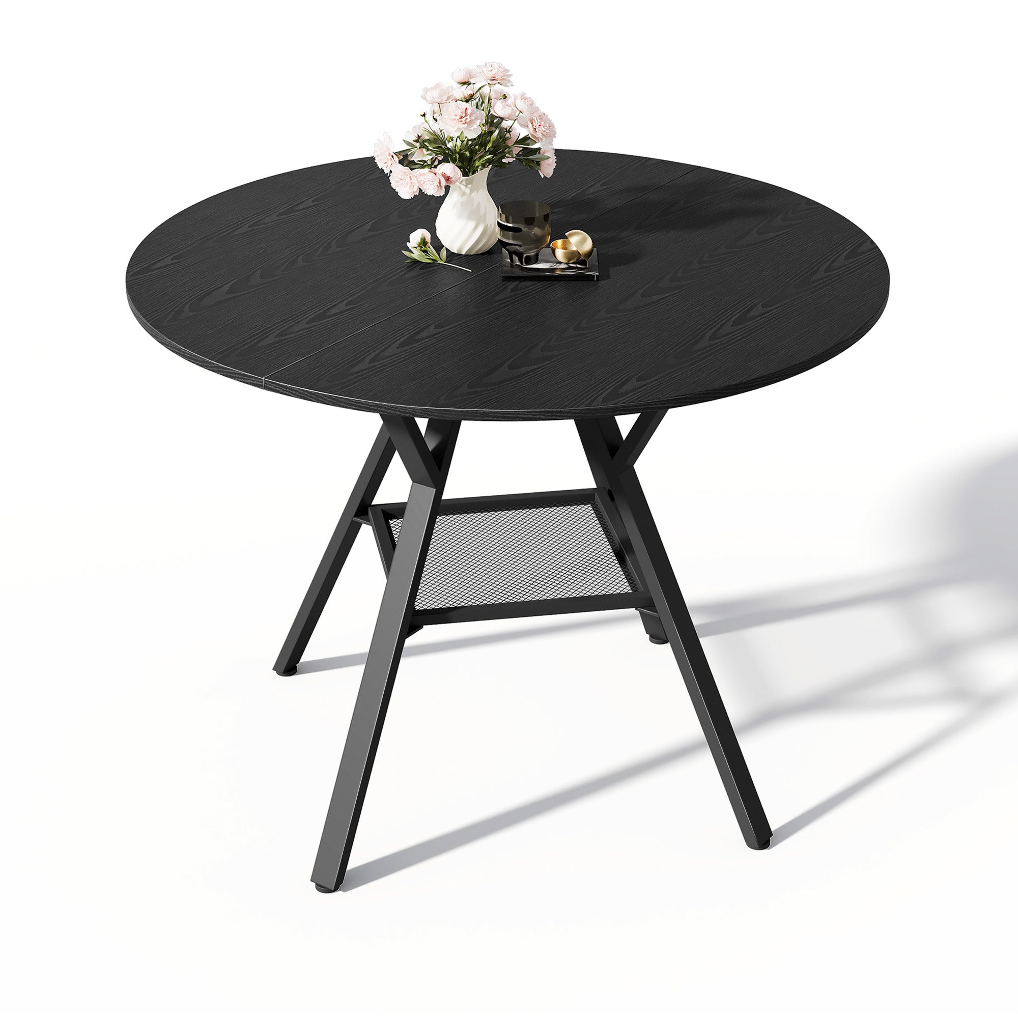 Mesa de comedor redonda moderna de madera negra y metal 100cm - Mesa de cocina industrial negra para 4-6 personas con estante de almacenamiento - 7