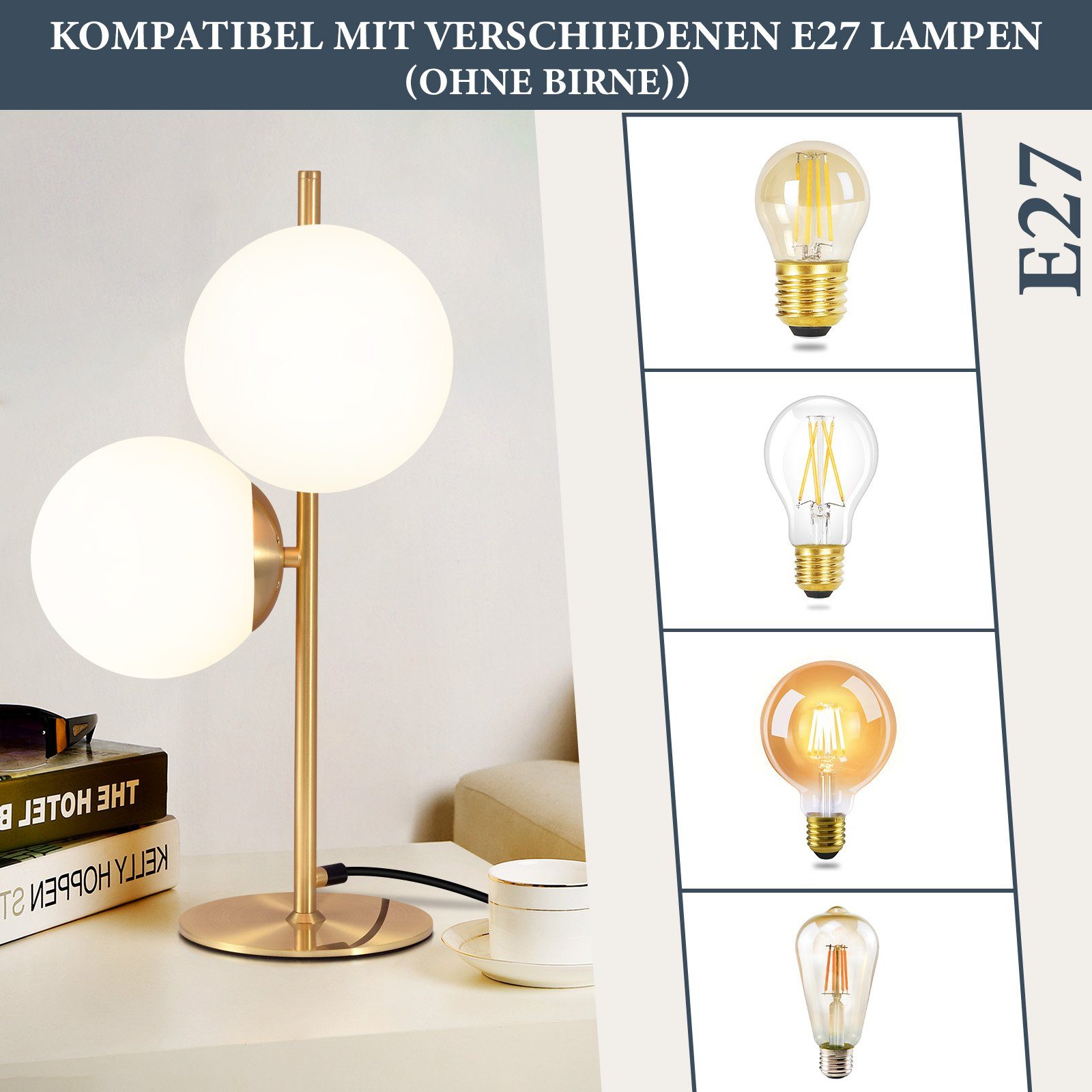 NETTLIFE lampe de table lampe de chevet moderne industrielle dorée 2 ampoules avec interrupteur design métal en verre blanc E27 - 4