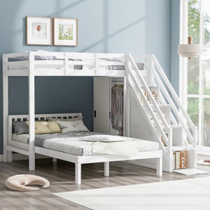 Lit Superposé Enfant 3 Places Avec Rangements – 90x200 Cm Haut / 140x200 Cm Bas, Structure Métal + MDF, Blanc | Idéal Chambre Partagée, Gain De Place