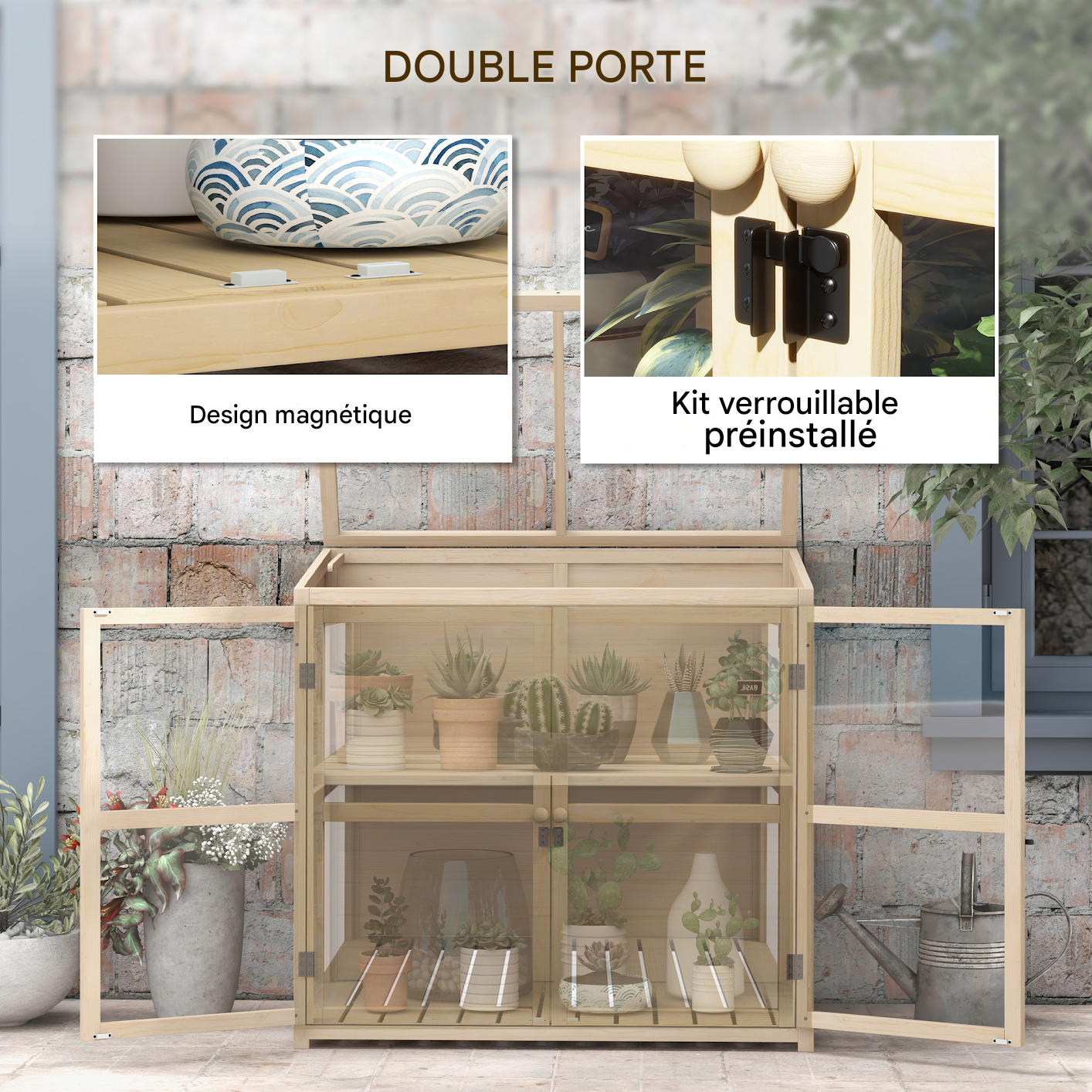 Serre de jardin bois 2 niveaux 103x61x103 cm, double porte, toit ouvrant, ventilation, charge 60 kg, naturel – ComfortXL Outdoor Living - 6