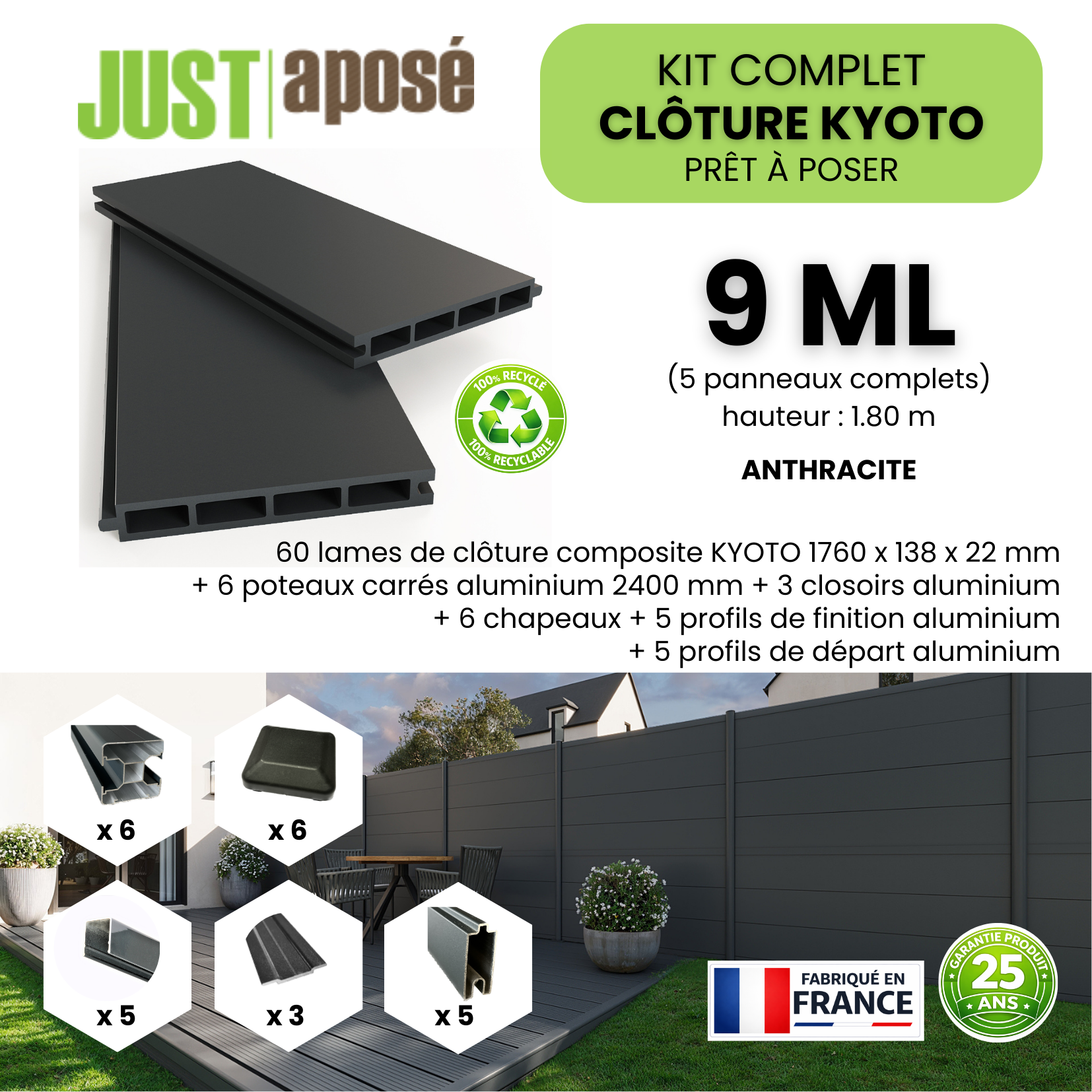 Kit complet clôture composite KYOTO - 5 panneaux complets - 9 x 1,80 m - Prêt à poser - Anthracite - 3