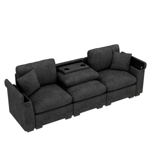 Canapé 3 places moderne - avec coussins et table pliante - comprend des ports USB et un porte-gobelet - gris - 7