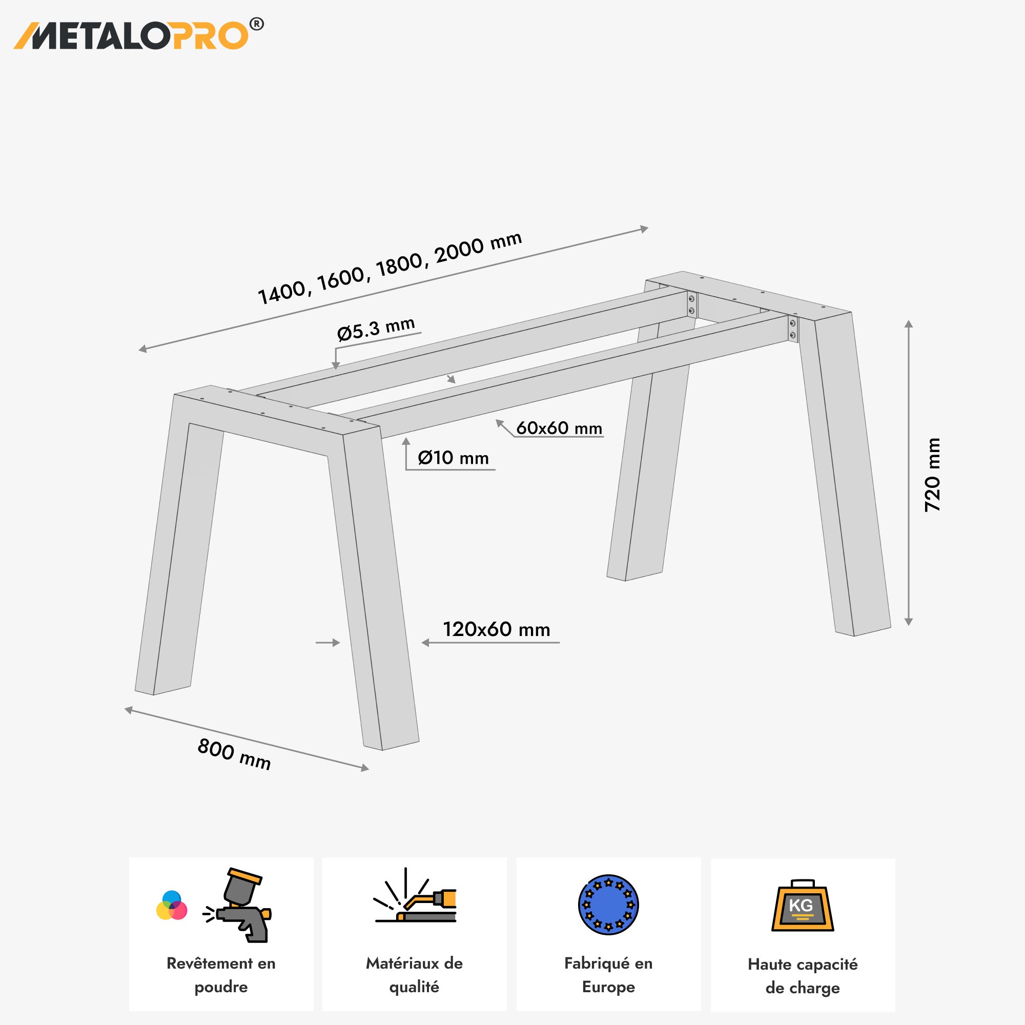 MetaloPro Thusia Extreme - Pieds de table en métal noir, stables, forme trapèze, robustes pour table à manger, bureau et salon - 140x80x72 - 3