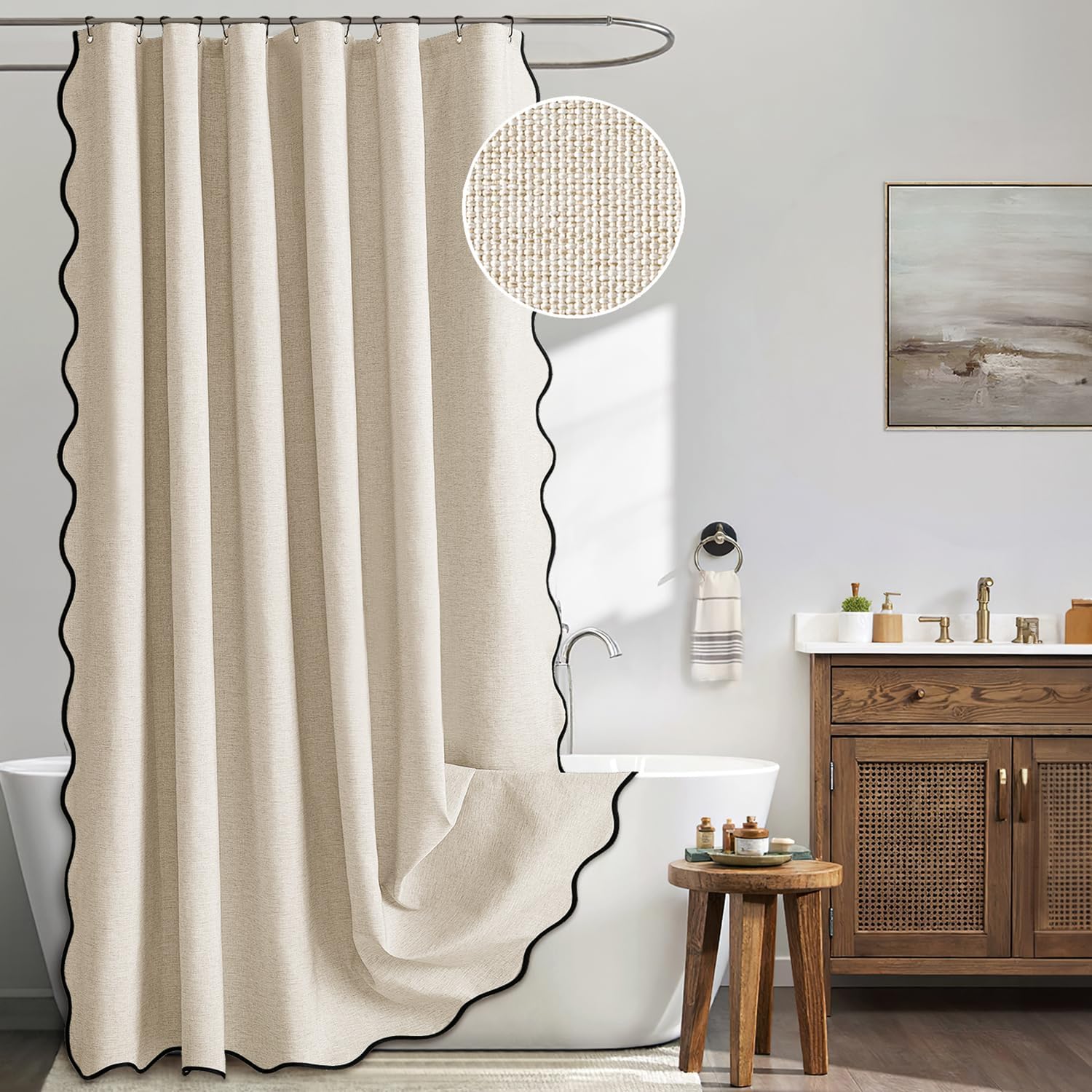 Zasłona prysznicowa wachlarzowa, imitacja lnu, z haczykami, do czystej i suchej łazienki – 1 sztuka, beżowa, 90 x 180 cm