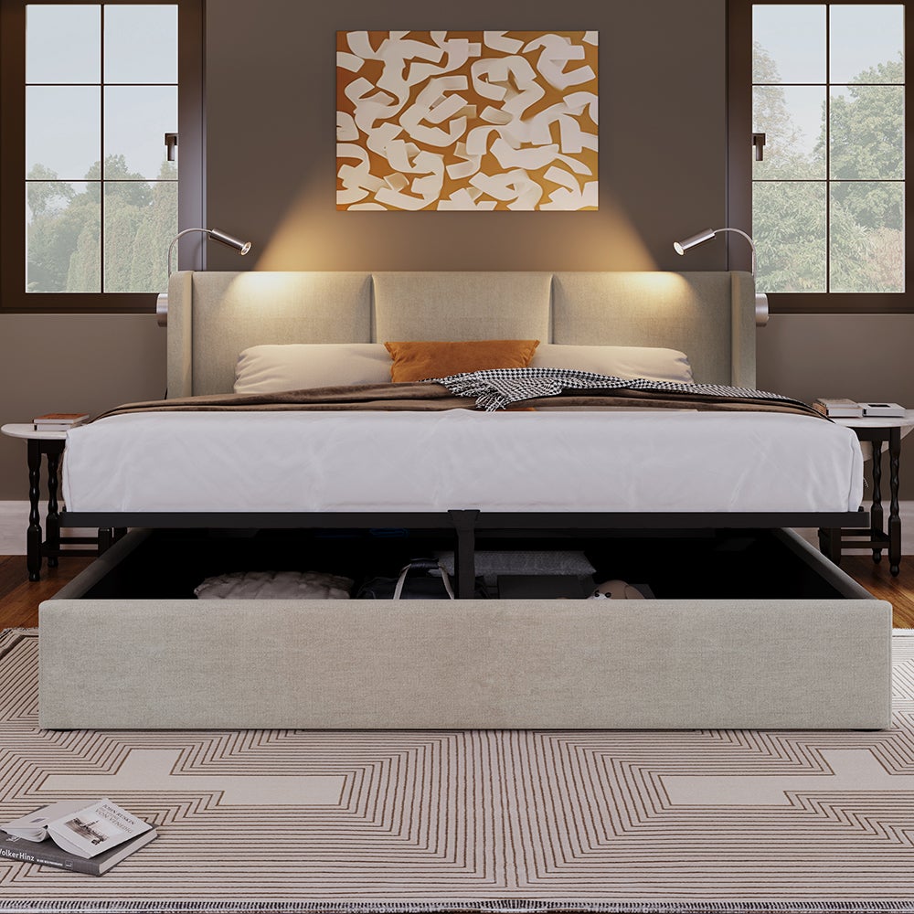 Lit coffre Lit capitonné lit de rangement tiroirs cadre de lit de rangement lit jeune en Leinen 160x200 cm Beige - 3
