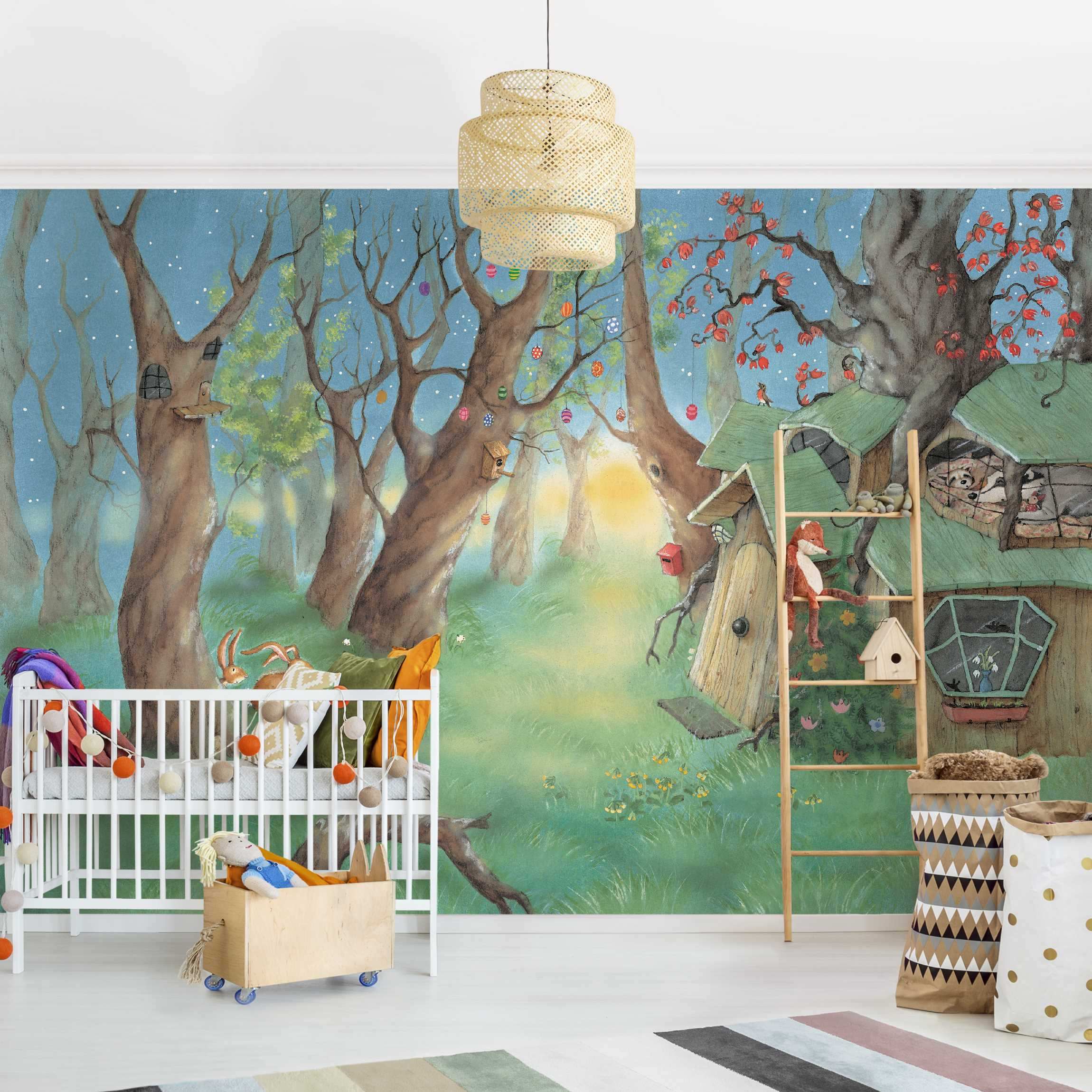 Papel pintado fotomural acuarela bosque ilustración animales 130 - habitación infantil niño niña bebé - tnt 432 x 290 cm adhesivo