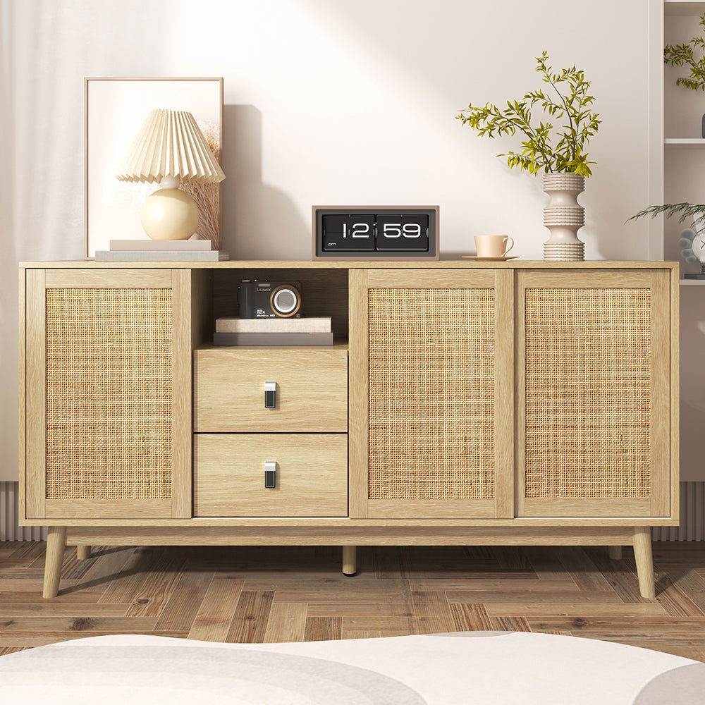 Buffet avec 3 portes coulissantes en rotin véritable et 2 tiroirs - 6