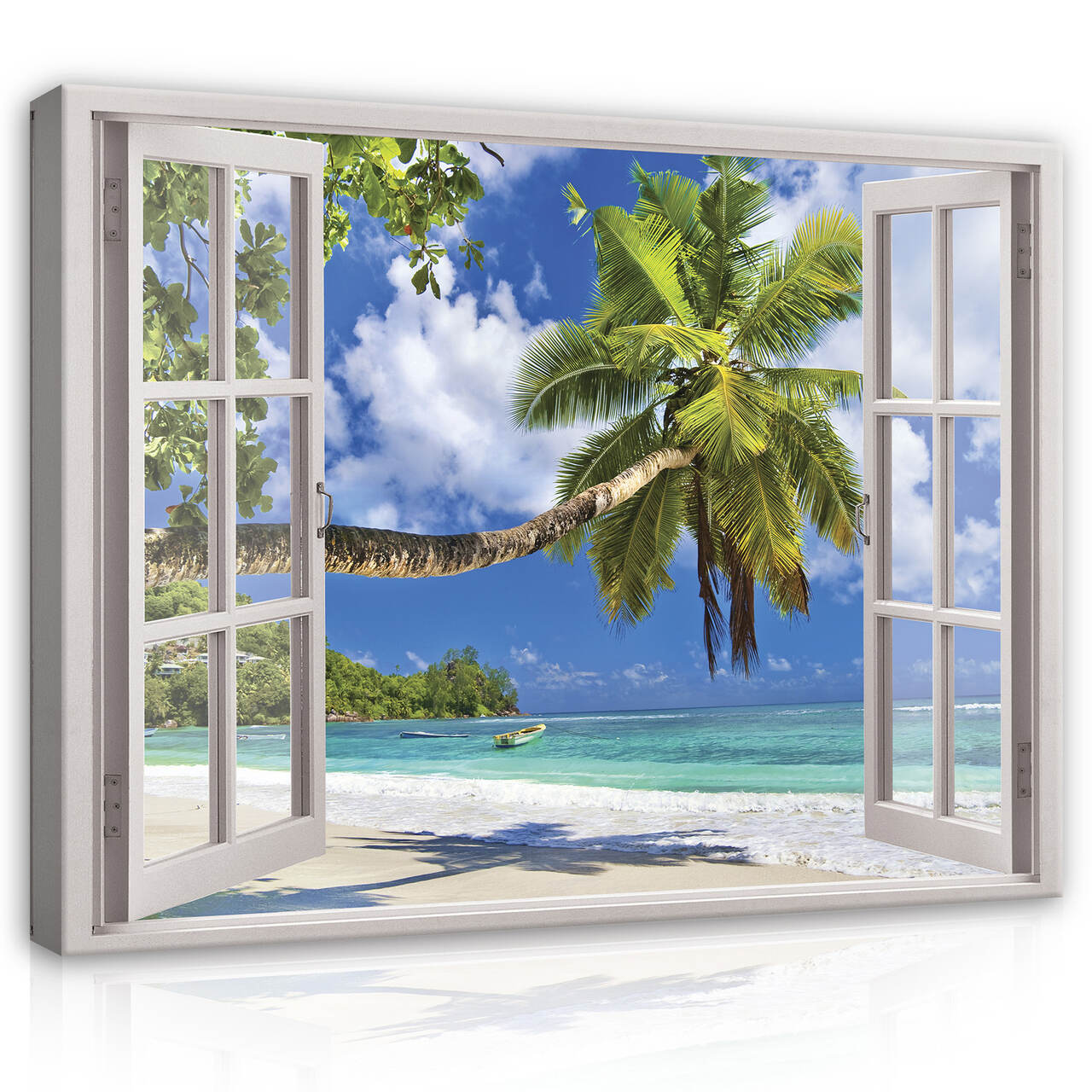 Cuadro en lienzo ventana playa palmeras trópicos 100x75 cm xxl impresión en lienzo decoración de pared canvas para salón lista para colgar