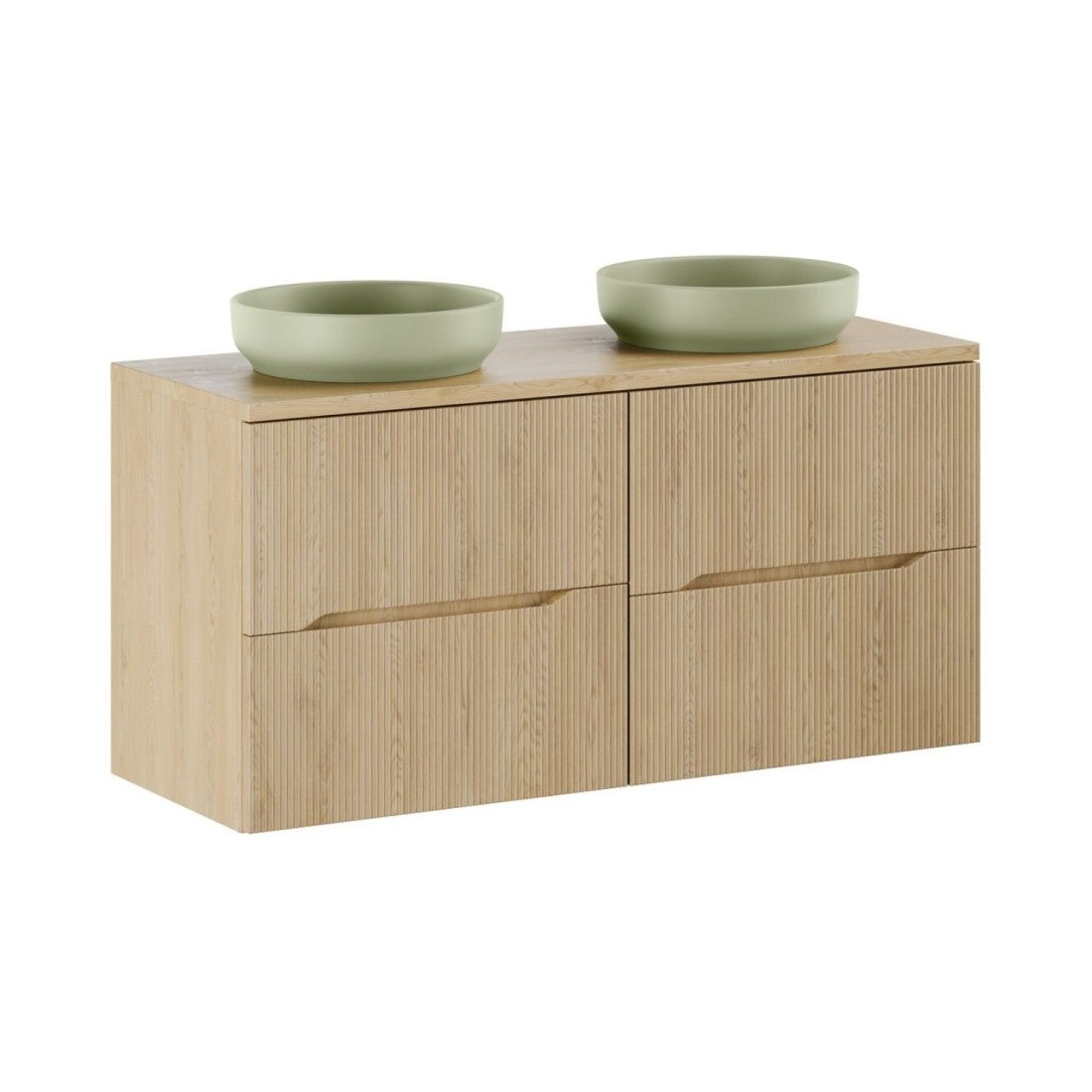 Conjunto de baño suspendido natura 120cm: muebles bajo lavabo 60cm + encimera para lavabo + lavabos sobre encimera redondos verdes