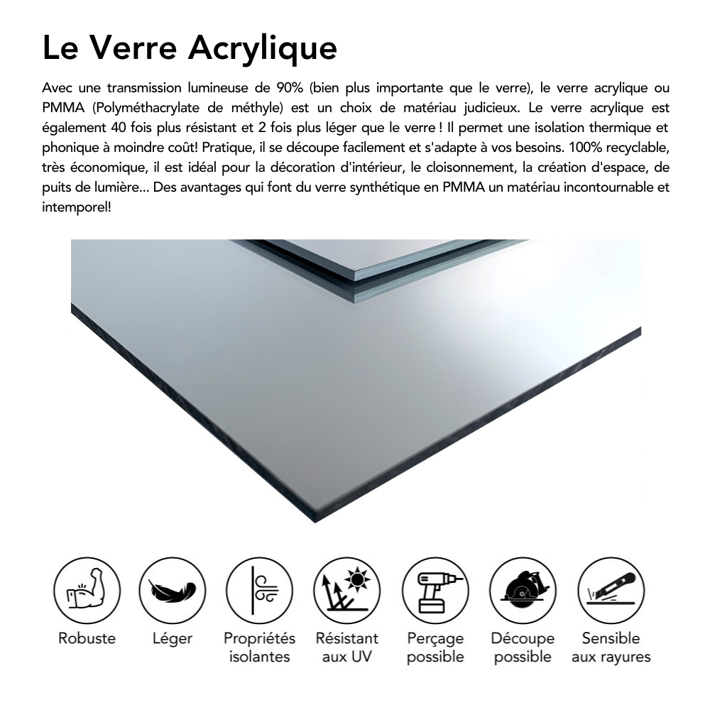 Plaque verre acrylique miroir 3 mm - 10 x 130 cm (100 x 1300 mm) - Verre synthétique - Bord arrondis - 5