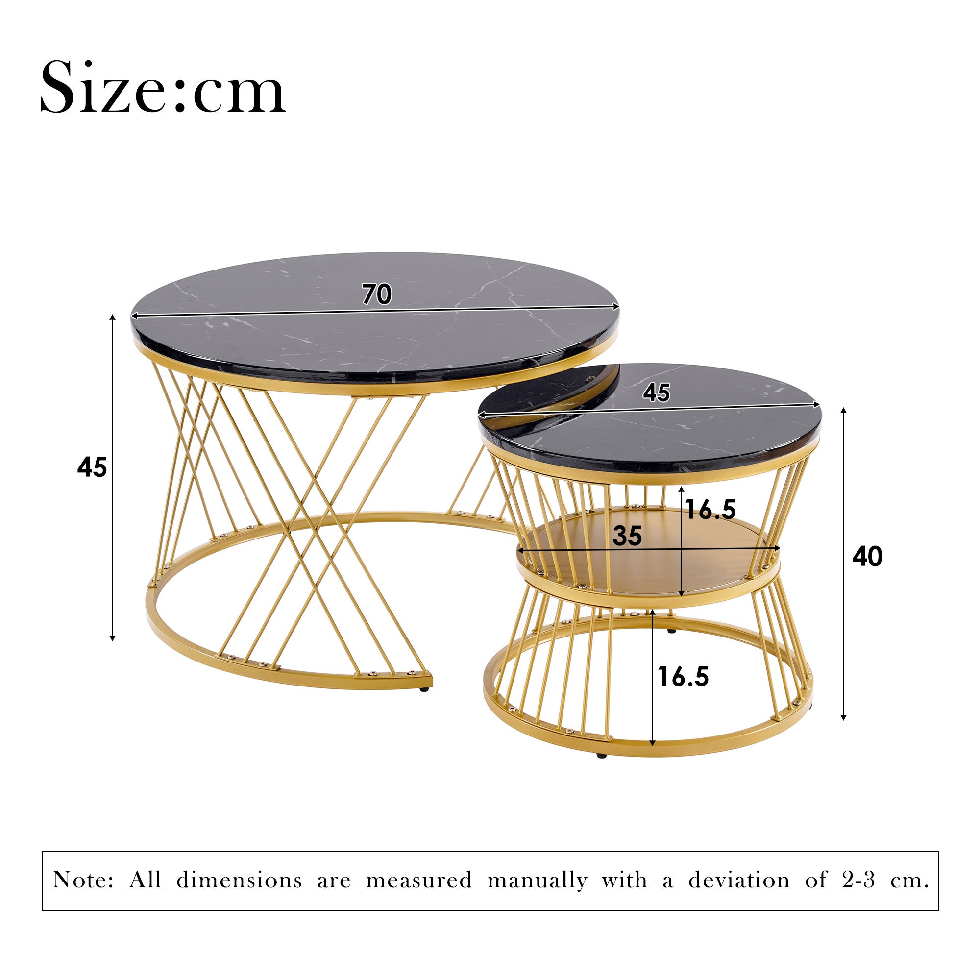 Zestaw 2 składanych stolików kawowych - 70 x 45 cm + 45 x 40 cm - MDF i złote metalowe nogi - Wzór marmurowy - Czarny - 3