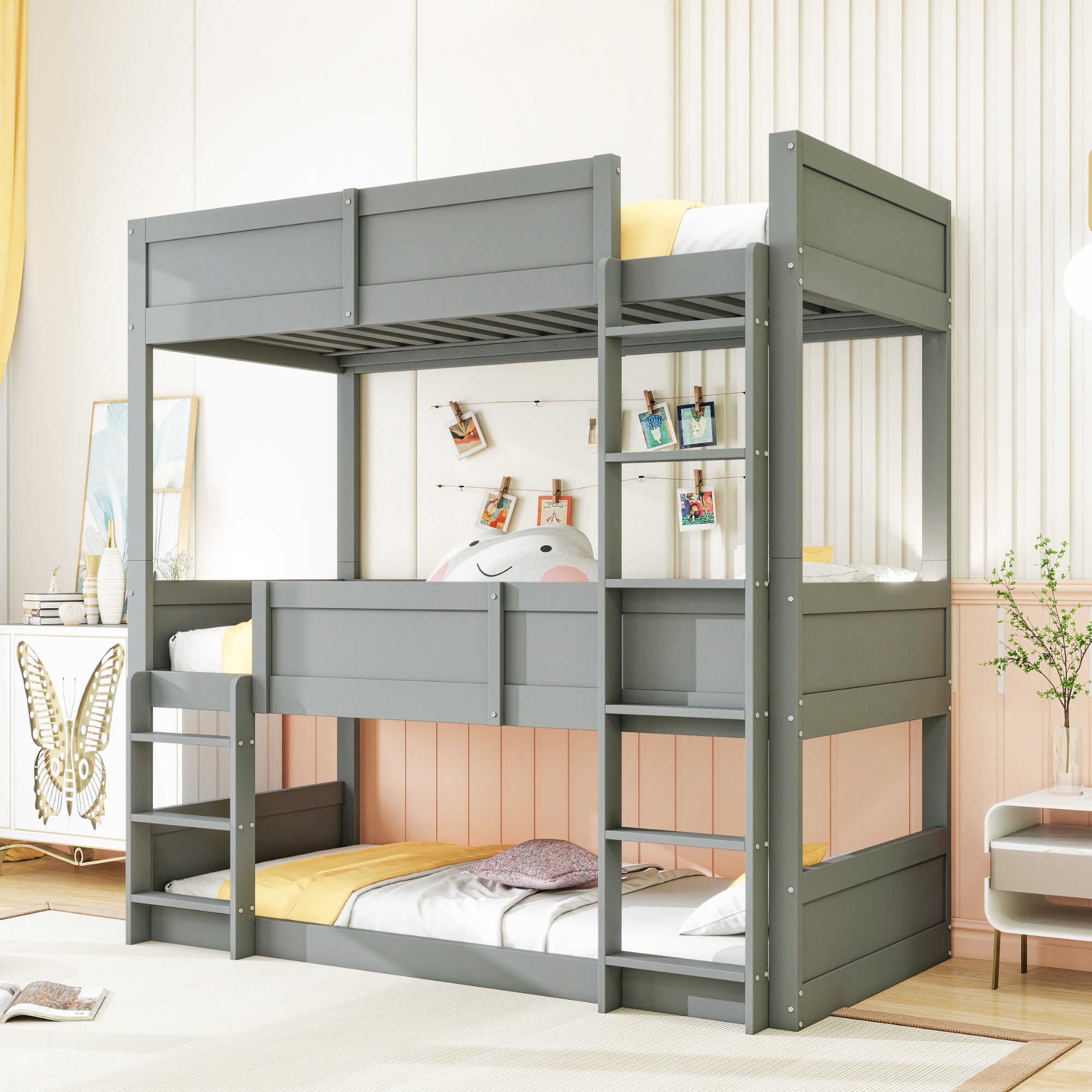 Łóżko piętrowe 3-osobowe 3 x 90 x 200 cm z barierkami zabezpieczającymi - drewno sosnowe + płyta MDF - kolor szary (bez materaca)