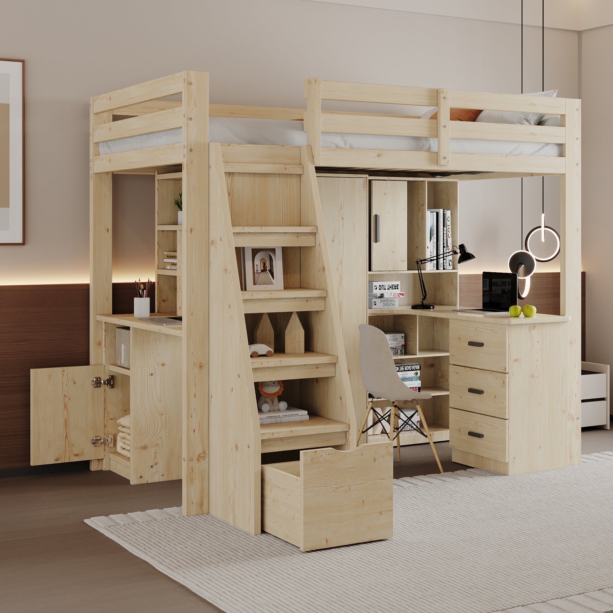 Lit mezzanine avec bureau et rangements en pin blanc 90x190