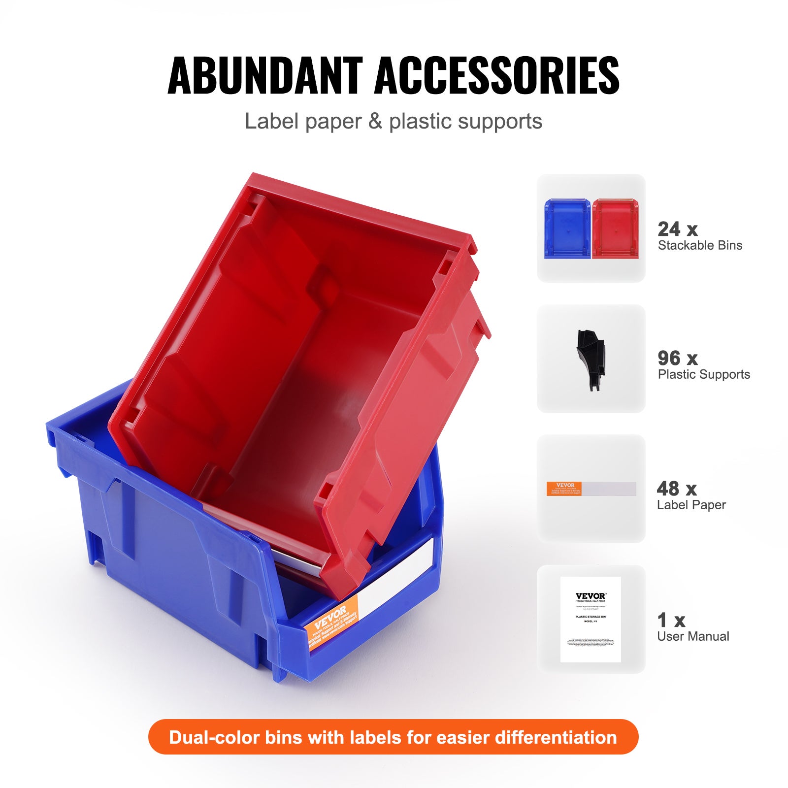 Bac à Bec Plastique VEVOR 24 Boites Rangement Empilables Atelier 137x105x78 mm Bleu/Rouge Combinaison Conteneurs Stockage Robustes pour Placard - 5