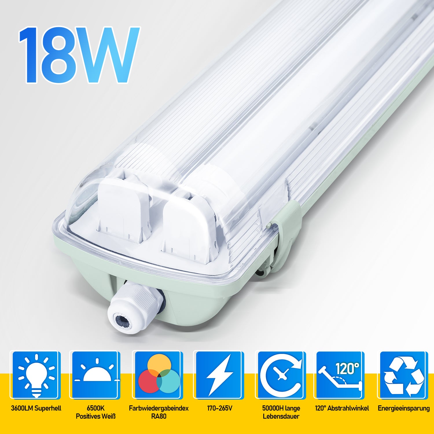 Zestaw 10 reflektorków LED do łazienki, umywalki, garażu, 120 cm, 2 świetlówki T8 18 W, zimna biel 6500 K, IP65