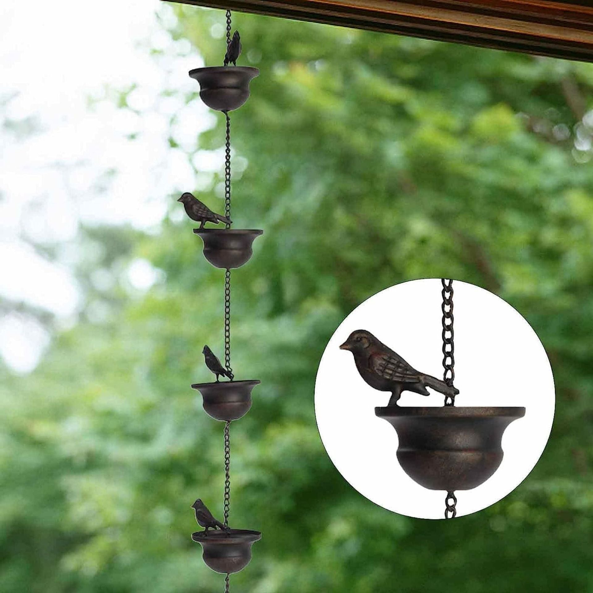 Chaîne de pluie mobile pour gouttières, 5,5 pieds, motif oiseaux, avec support intégré, bronze foncé - 4