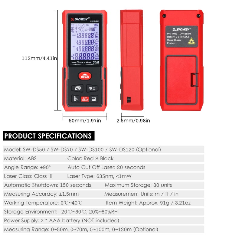 Przenośny elektroniczny dalmierz laserowy SW-DS50 - pomiar poziomy do 50 metrów - 5