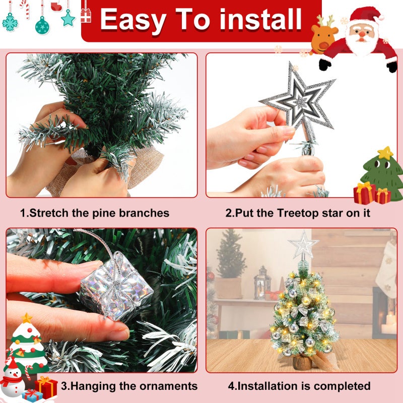 40 cm choinka stołowa, miniaturowe sztuczne choinki ze światłem, czubkiem i ozdobami choinkowymi, ozdoby świąteczne, srebro - 6