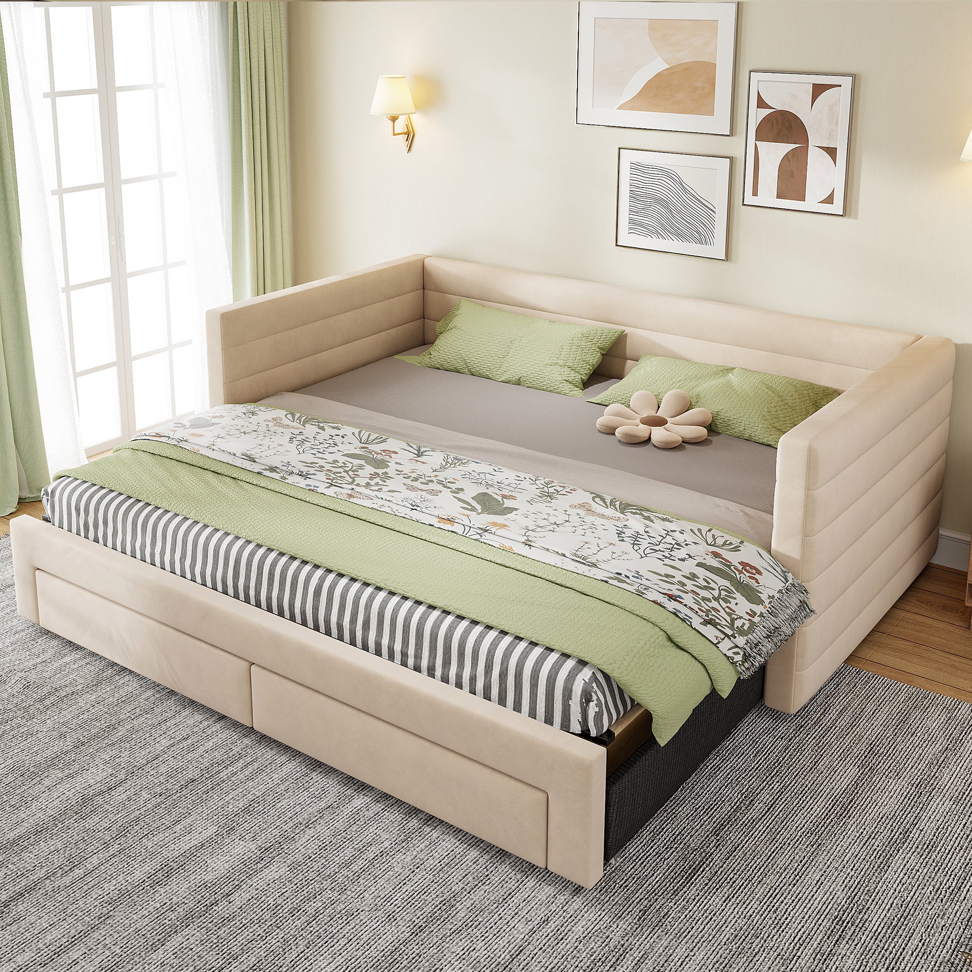 Łóżko wysuwane 90/180 x 200 cm z zagłówkiem, sofa rozkładana - Tkanina lniana - Beżowy (Materac nie jest wliczony w cenę) - 2