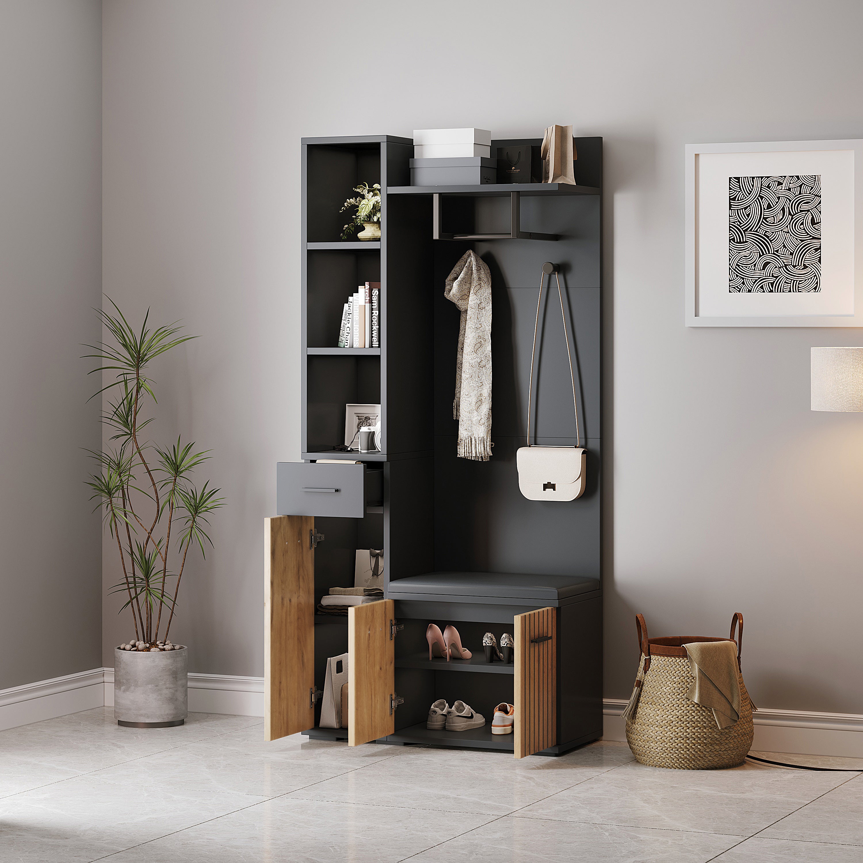 Ensemble meuble à chaussures avec 3 portes, banc à chaussures et porte-manteau - 80 x 35 x 175 cm - Panneau de particules - Noir + naturel - 3