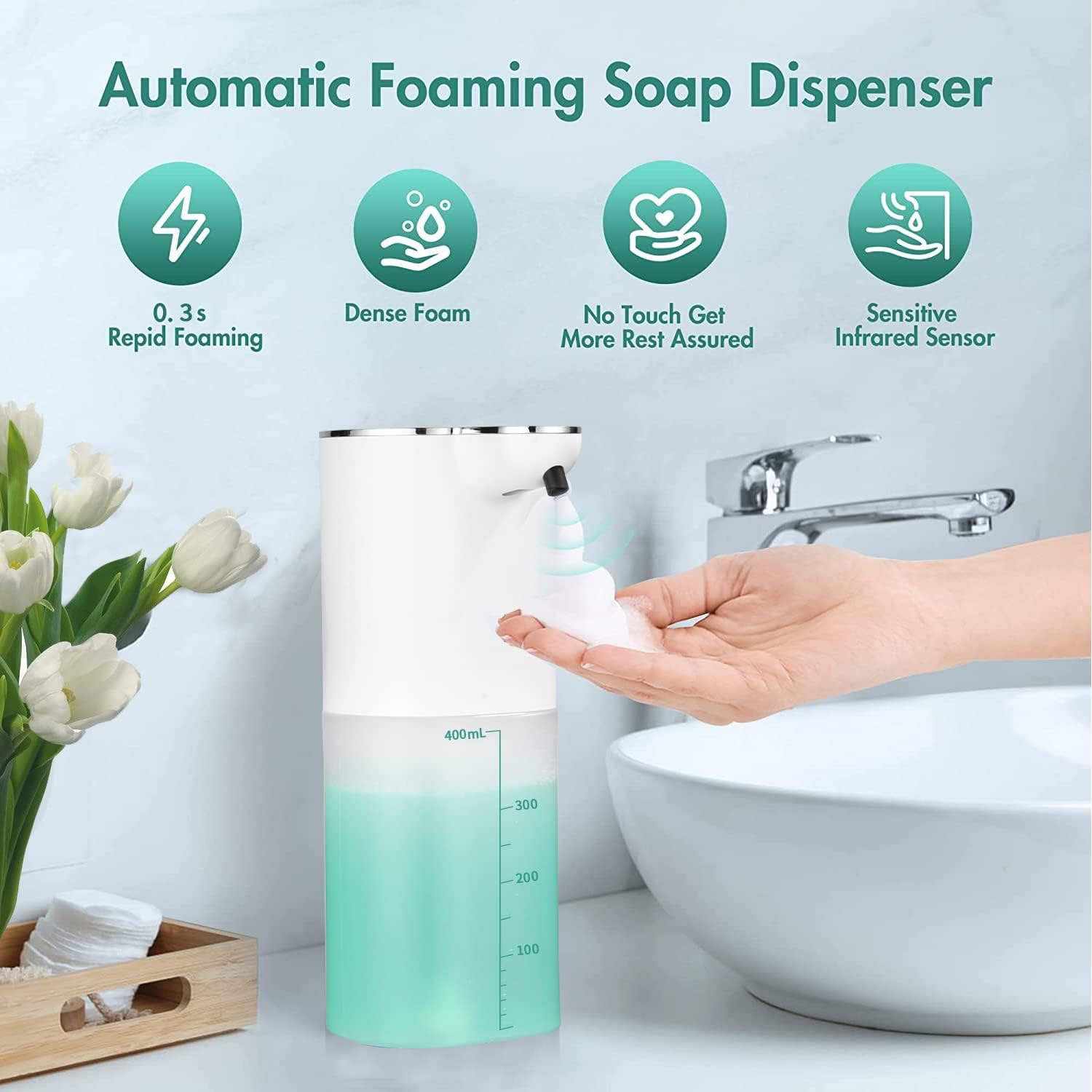 Dispenser Sapone Automatico A Schiuma XSYKJGS – 400ml, A Parete, Sensore Infrarossi, USB Ricaricabile, IPX5
