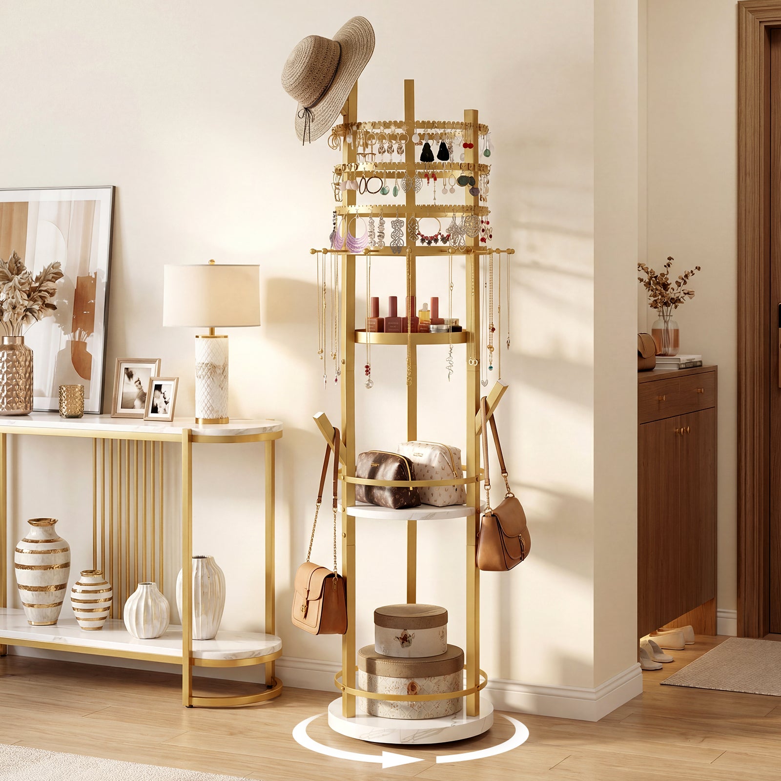 Support Organiseur pour Bijoux, Arbre à Bijoux Pivotant à 360° avec Crochets pour Boucles d'Oreilles et Colliers, 3 Étagères de Rangement, Blanc - 9