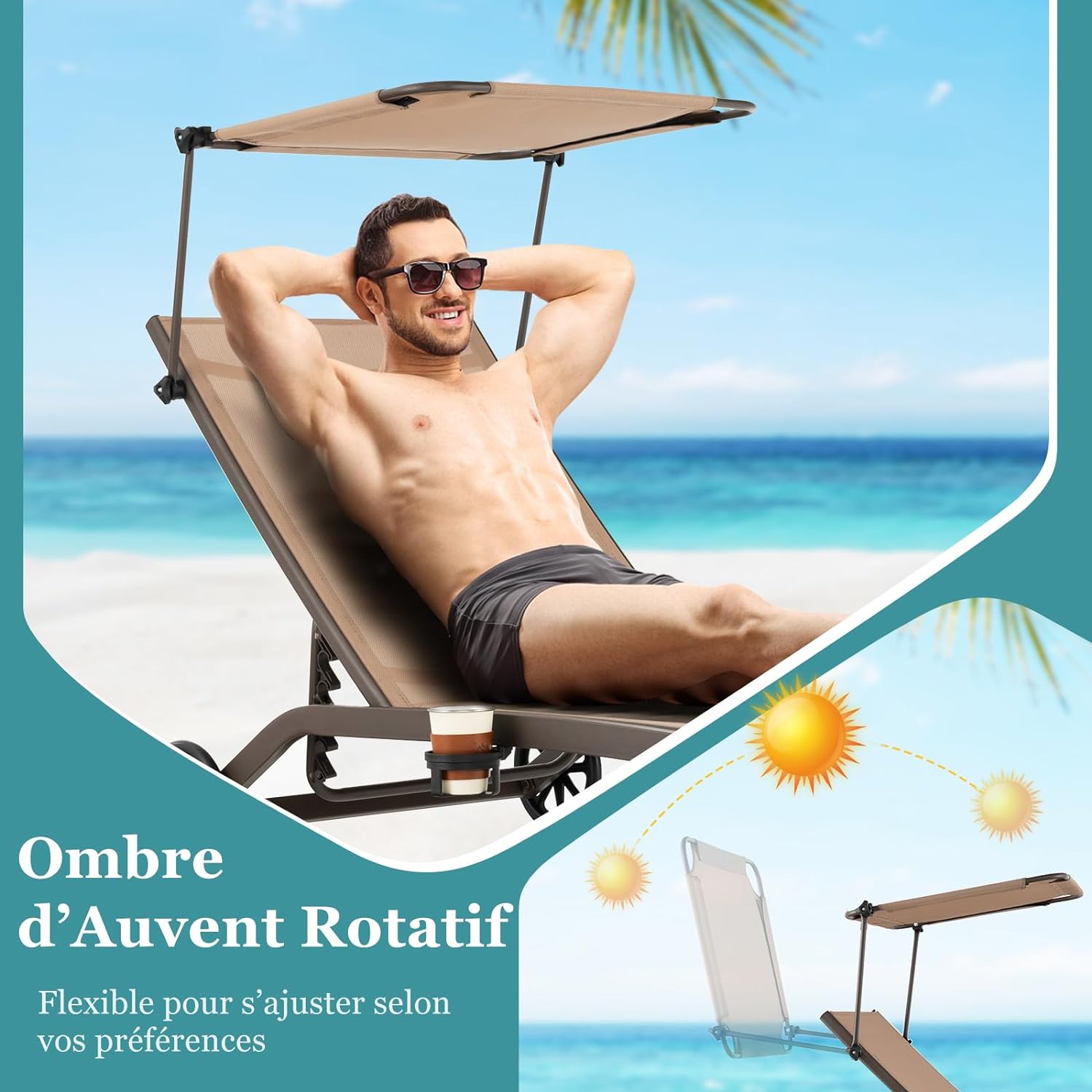 Transat Jardin Extérieur - Pare-Soleil Réglable, 165x61x96 CM, Bain de Soleil - Dossier Réglable 6 Niveaux avec Roulettes Charge 150KG, Marron - 5