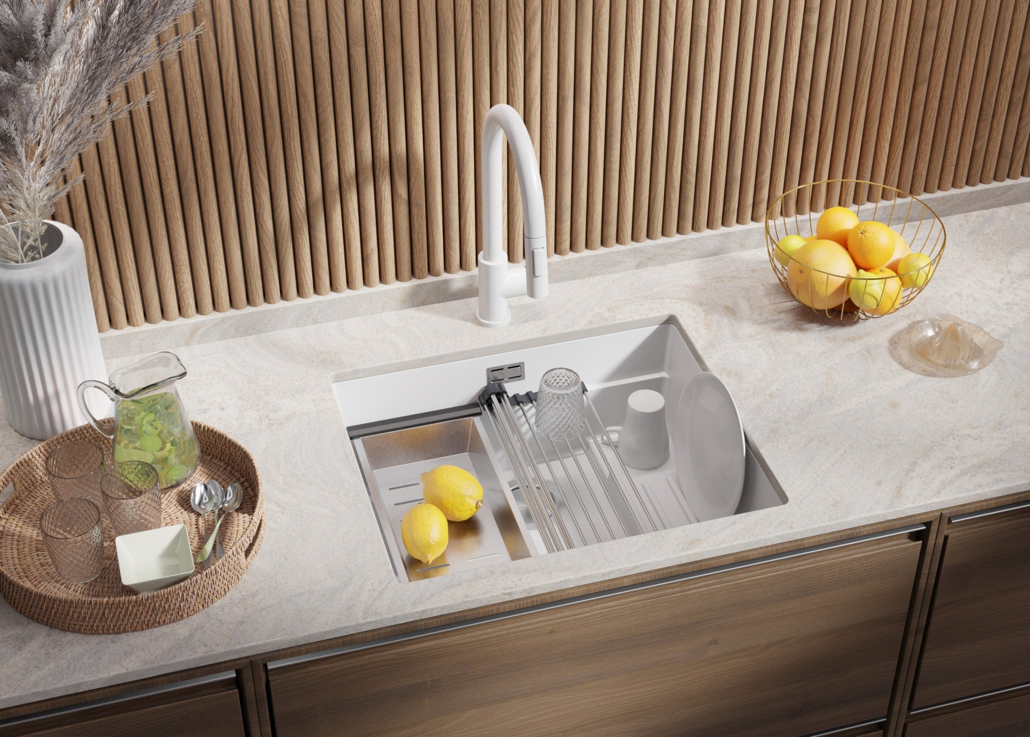 Lavandino sottotop Bianco 56x47cm, Lavello in Granito a 1 vasca + Sifone Classico + Accessori, Lavabo da Cucina al mobile 60cm - Prague PRIMAGRAN - 2