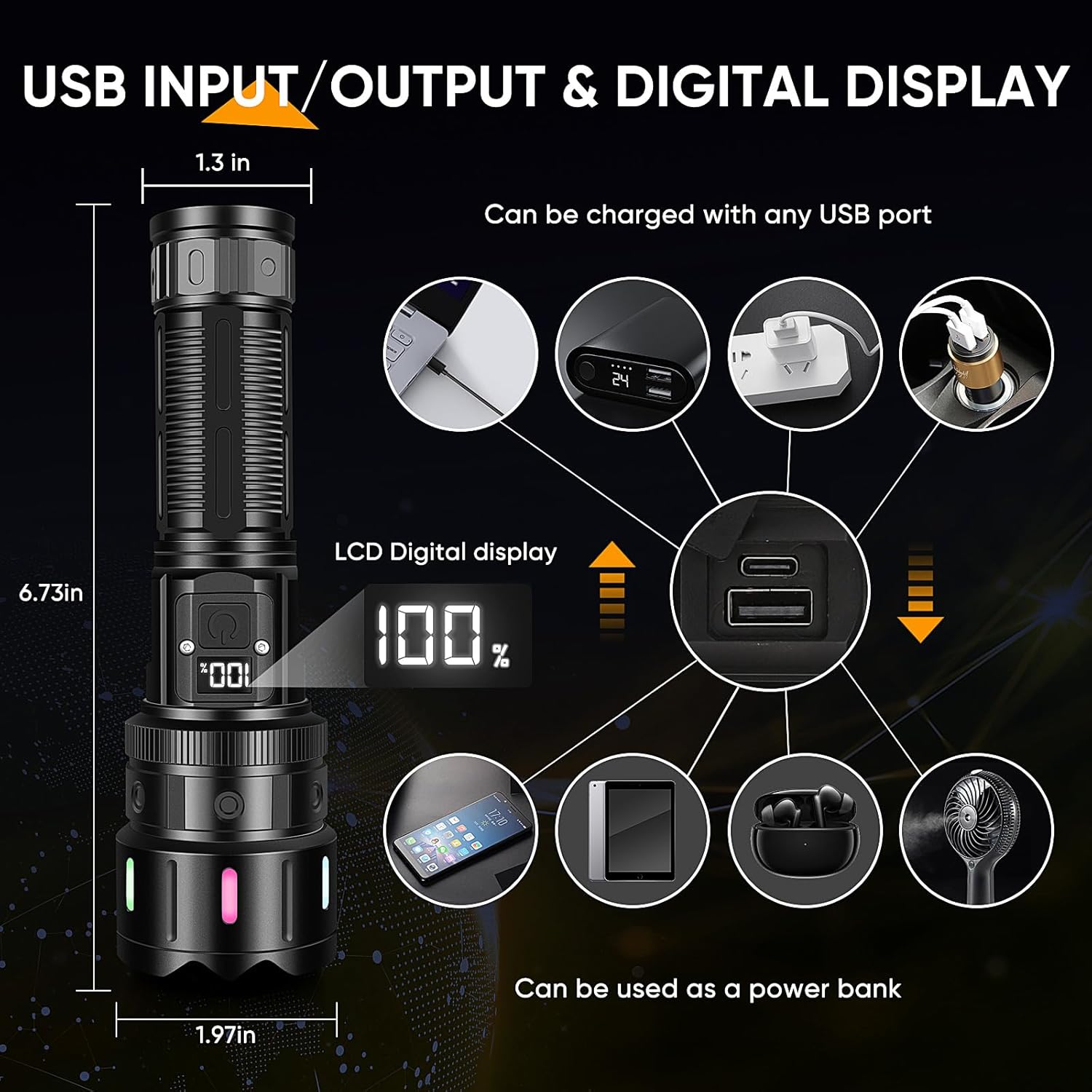 Torcia LED ricaricabile ultra potente da 990.000 lumen, 5 modalità, display LCD, ideale per campeggio ed emergenze. - 4