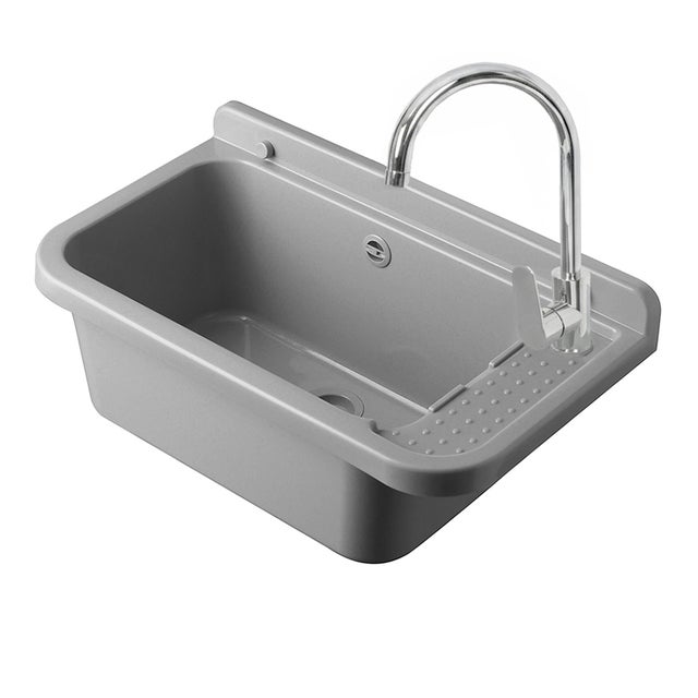 Fregadero de resina gris de 60x34 cm con grifo mezclador de acero inoxidable de alta calidad y desagüe incluido.
