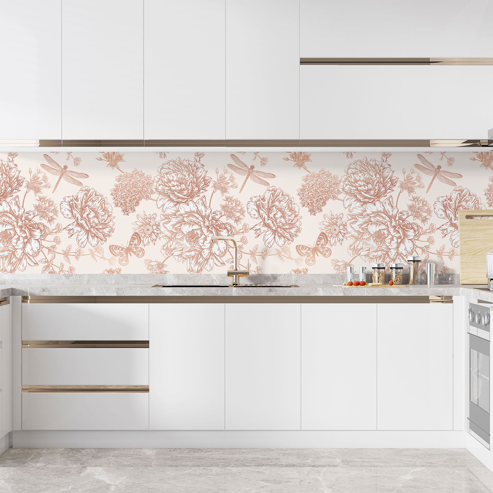 Crédence adhésive sticker décoratif pour cuisine - Fleurs papillons - Adhésif MAT - 90x135 cm - 3