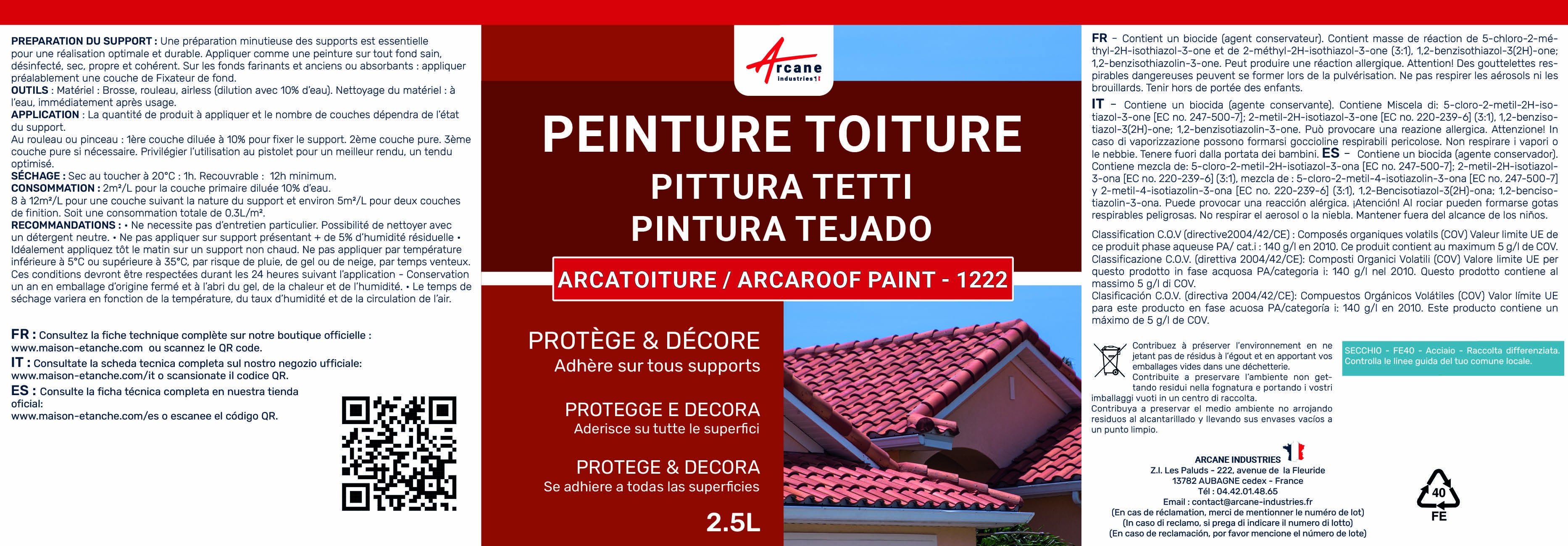 Peinture Toiture pour tuiles ou toiture en matériau poreux : ARCATOITURE Gris ardoise - RAL 7015 - 10 L - ARCANE INDUSTRIES - 7