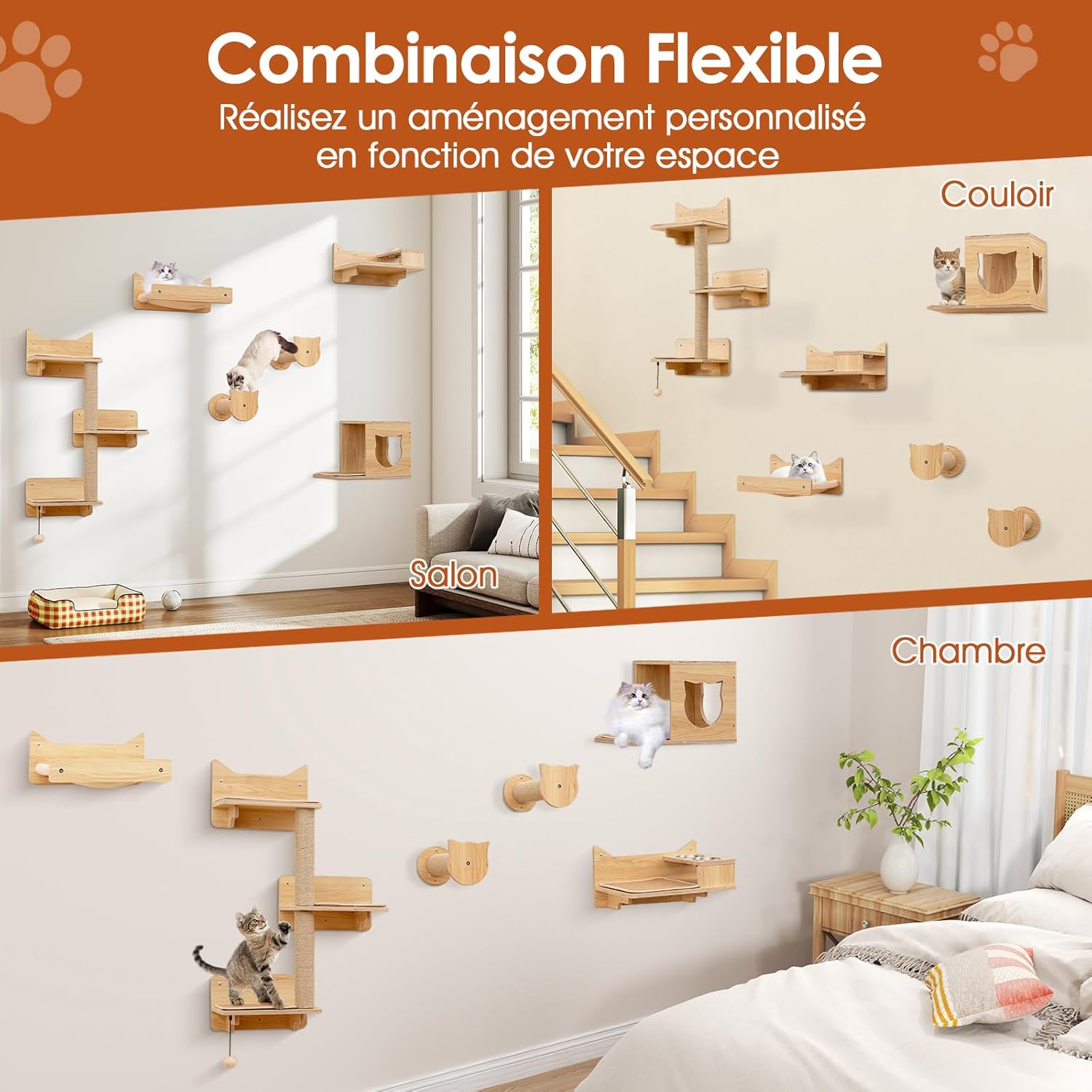 Arbre a Chat Mural en Bois, 6 Pcs Parcours Chat, Hamac, Condo, Plateforme avec 2 Gamelles, Tour pour Chaton à 3 Niveaux, 3 Marches - 7