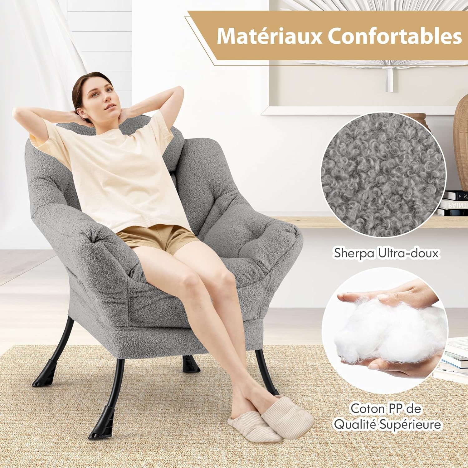 Fotel tapicerowany, relaksacyjny z podłokietnikami i kieszenią boczną, fotel telewizyjny, fotel z uszami do salonu, sypialni, biura (kolor szary) - 3