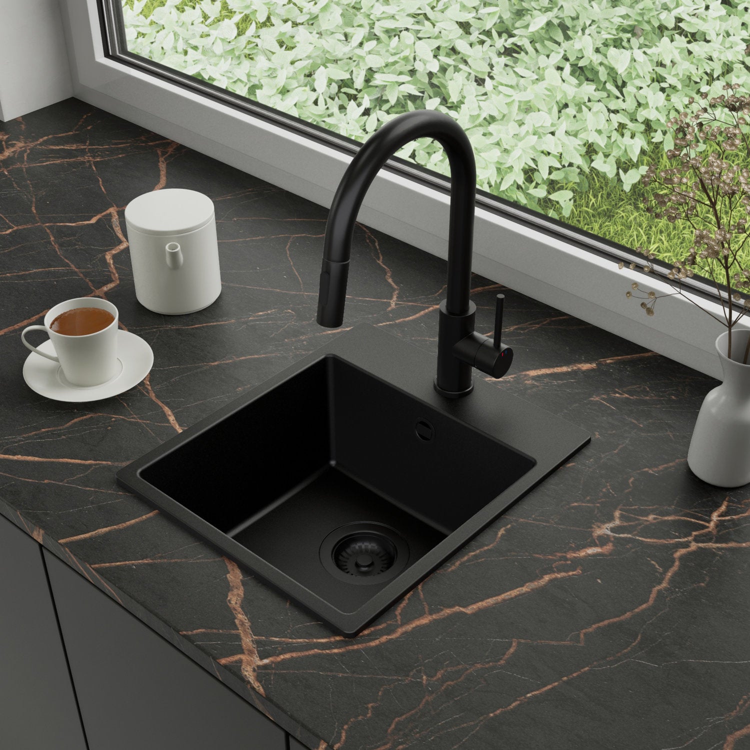 Zlewozmywak Granitowy 38x44cm, do szafki od 40cm + Bateria + Syfon - Amber Cały Czarny STONESTYLE