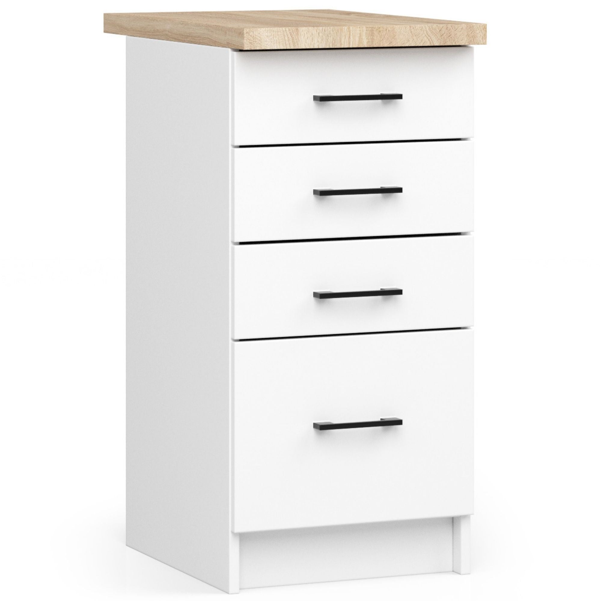 Wolnostojąca zabudowa kuchenna: 4 szuflady, kolor biały, szerokość: 40 cm, wysokość: 85 cm, głębokość: 46 cm.