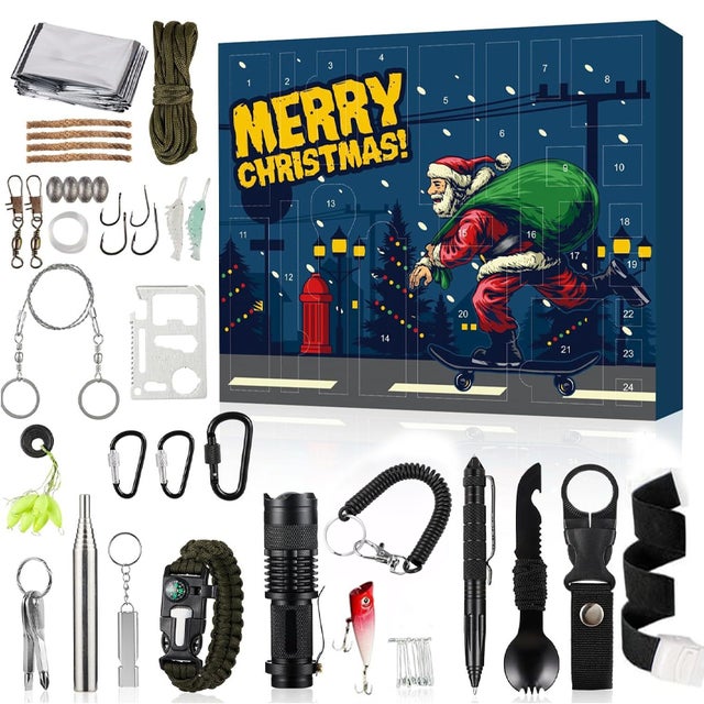 Świąteczny kalendarz adwentowy, zestaw survivalowy 24 w 1, narzędzia survivalowe, kalendarz adwentowy, odliczanie, świąteczny prezent-niespodzianka