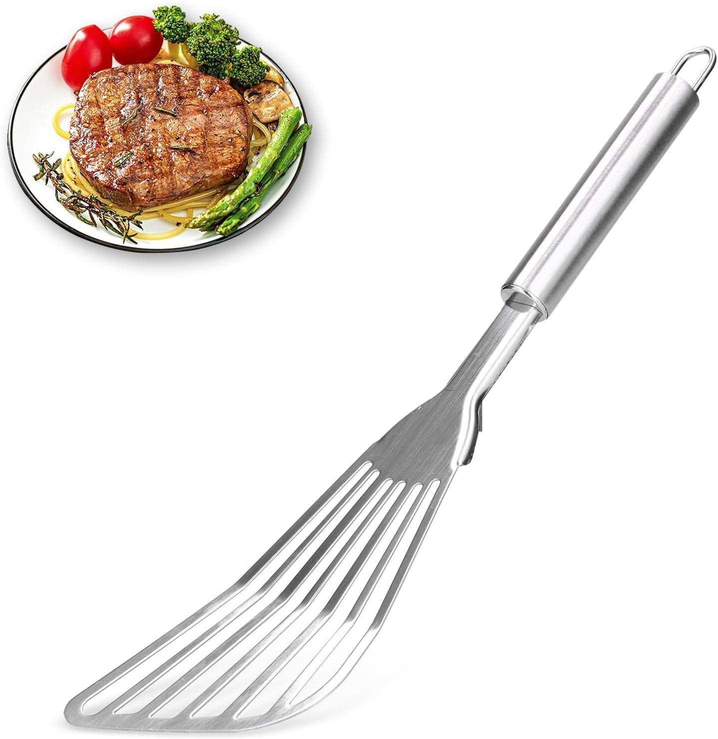 Łopatki do ryb z otworami, odporne na ciepło, ze stali nierdzewnej, z nieprzywierającą powłoką i otworem do zawieszania, 32,5*8 cm