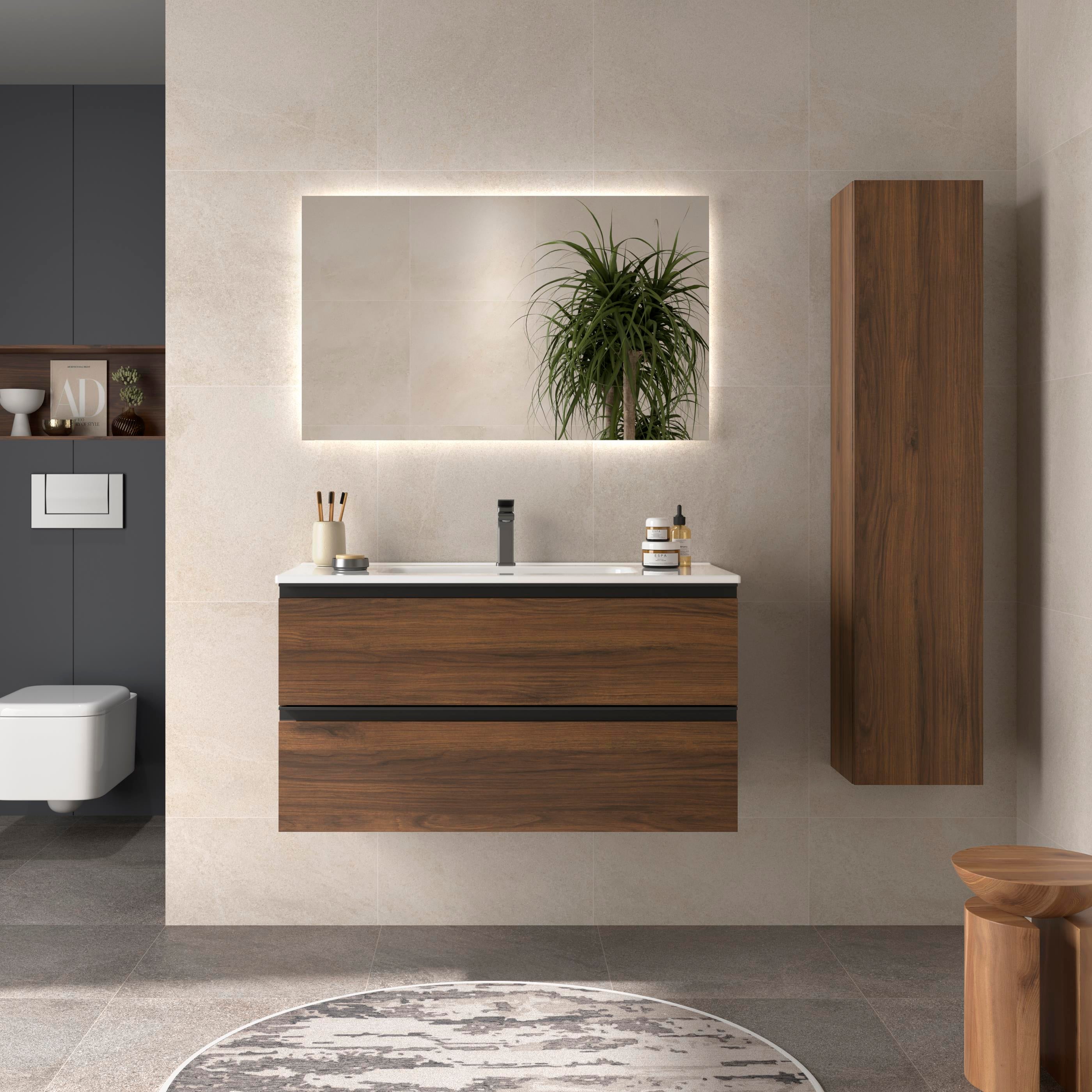 Meuble Vasque Salle De Bain 76x46x87 Cm - Vasque Céramique Intégrée, Grand Rangement, Gris