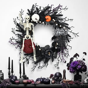 Jardinage à Domicile Couronne D'halloween Conception De Branches Artificielles En ABS Noir Mort Avec Guirlande De Couronne De Porte De Fleur Rouge Pour La Décoration 40 * 30