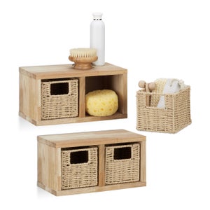 Relaxdays Mobile A Parete In Legno Di Noce, Con 4 Ceste Portaoggetti Estraibili, Scaffale, Mensola A Muro, Naturale