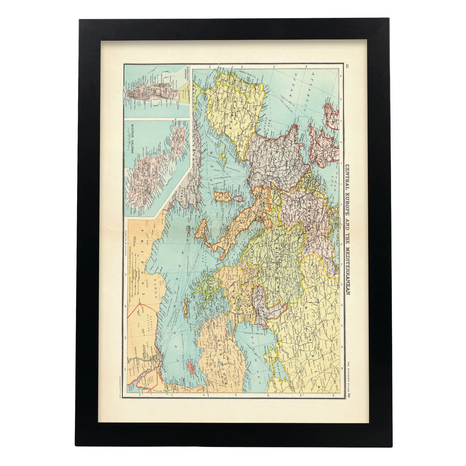 Nacnic pósters geográficos en estilo vintage. mapa de europa central. ilustraciones de antiguos mapamundis en tonos sepia. tamaño a3, con marco negro.