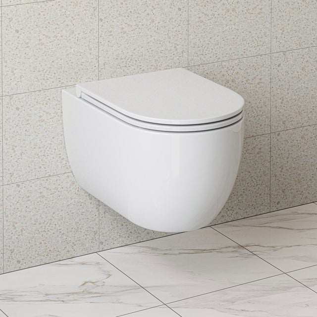 Cuvette WC suspendue sans bride, toilettes suspendues (avec abattant), toilettes monotrou à chasse d'eau super-spin, nano-revêtu, 54×36×35,5cm
