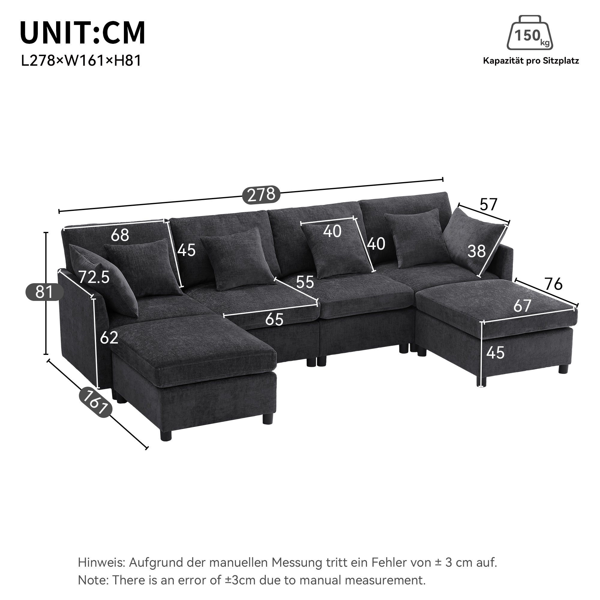 Canapé d'Angle Modulaire 6 Places avec Pouf Amovible , Canapé Moderne en Tissu Chenille Gris - 4