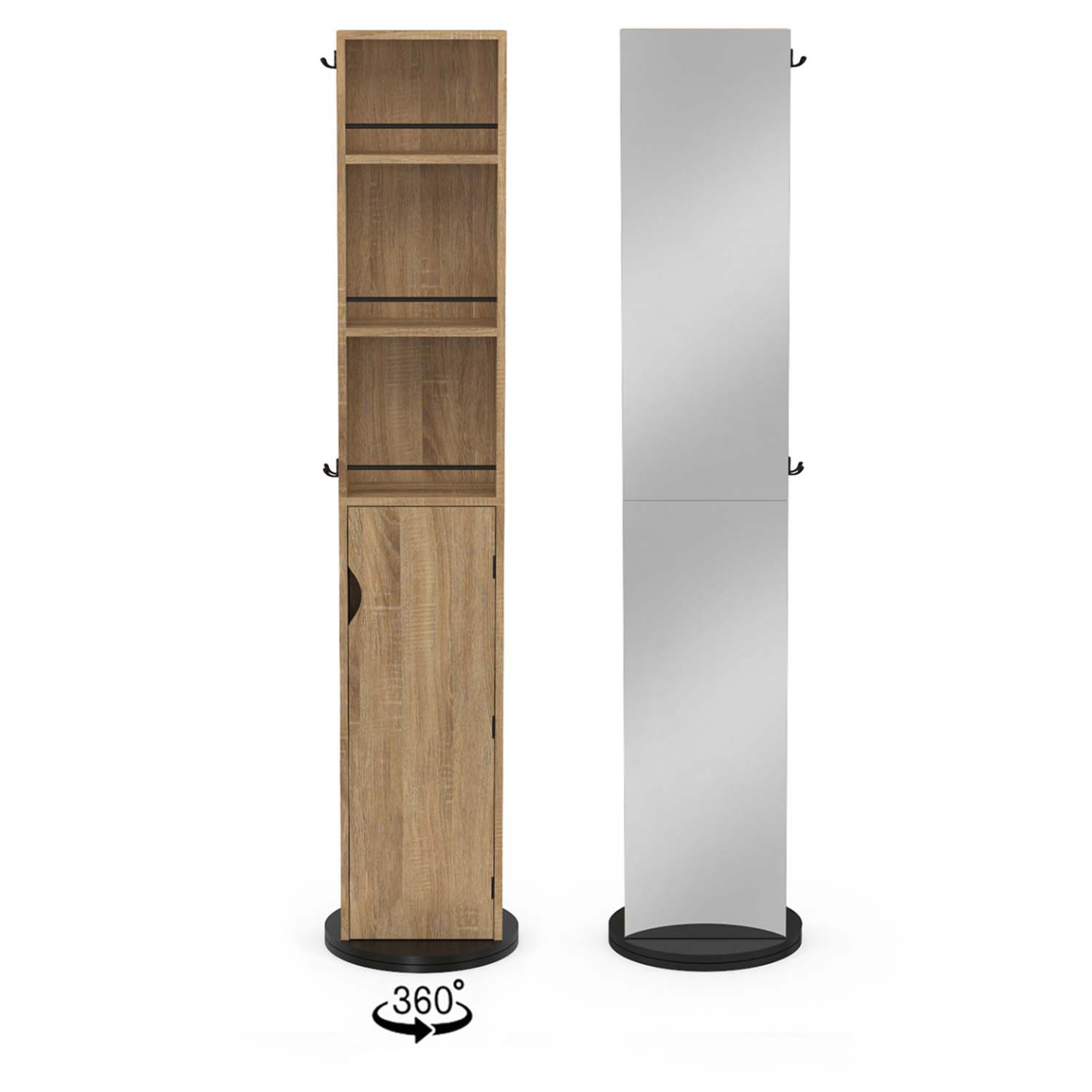 Meuble colonne pivotante de salle de bain avec miroir, placard et étagères hêtre et noir ELIA - 3