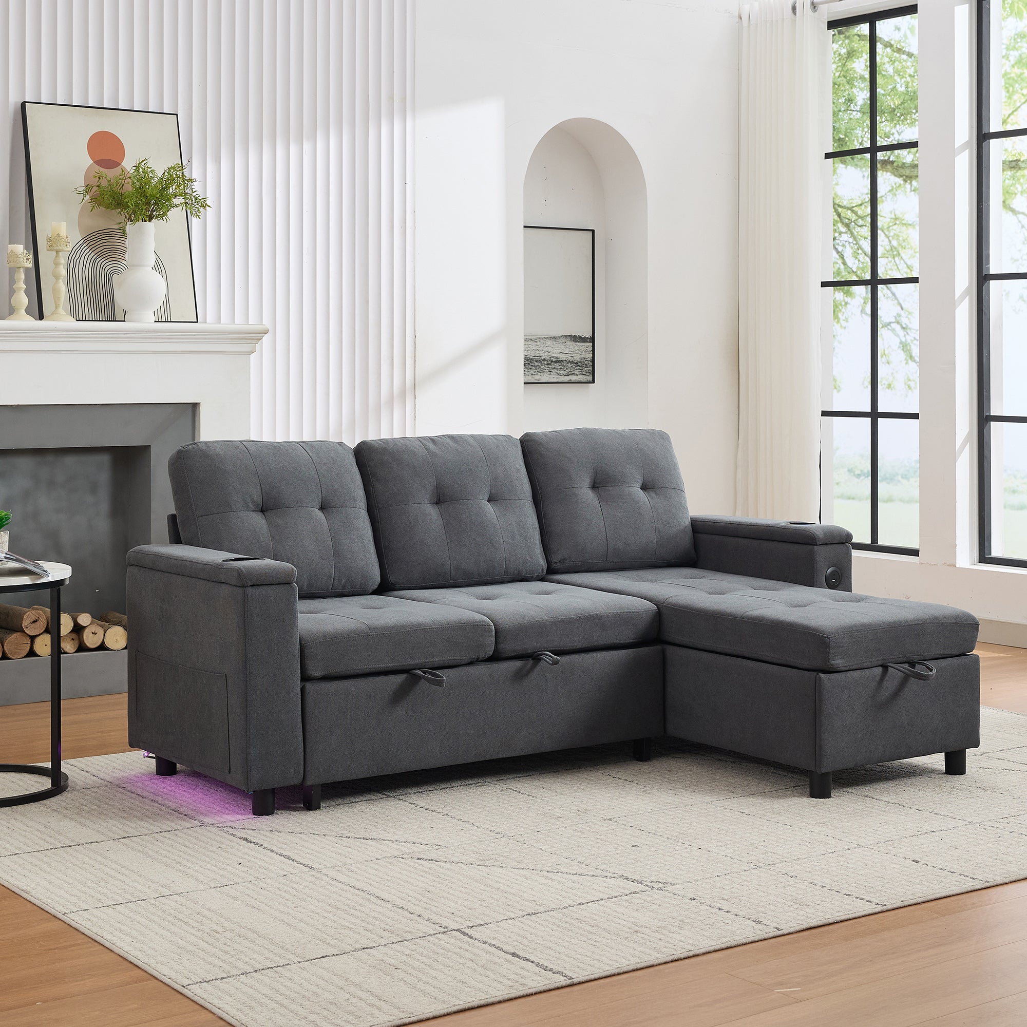 Sofa narożna 3-osobowa z funkcją spania - 208 x 146 x 89,5 cm - Diody LED i gniazdo ładowania - Wyściółka z włókniny i pianki - Szara - 3