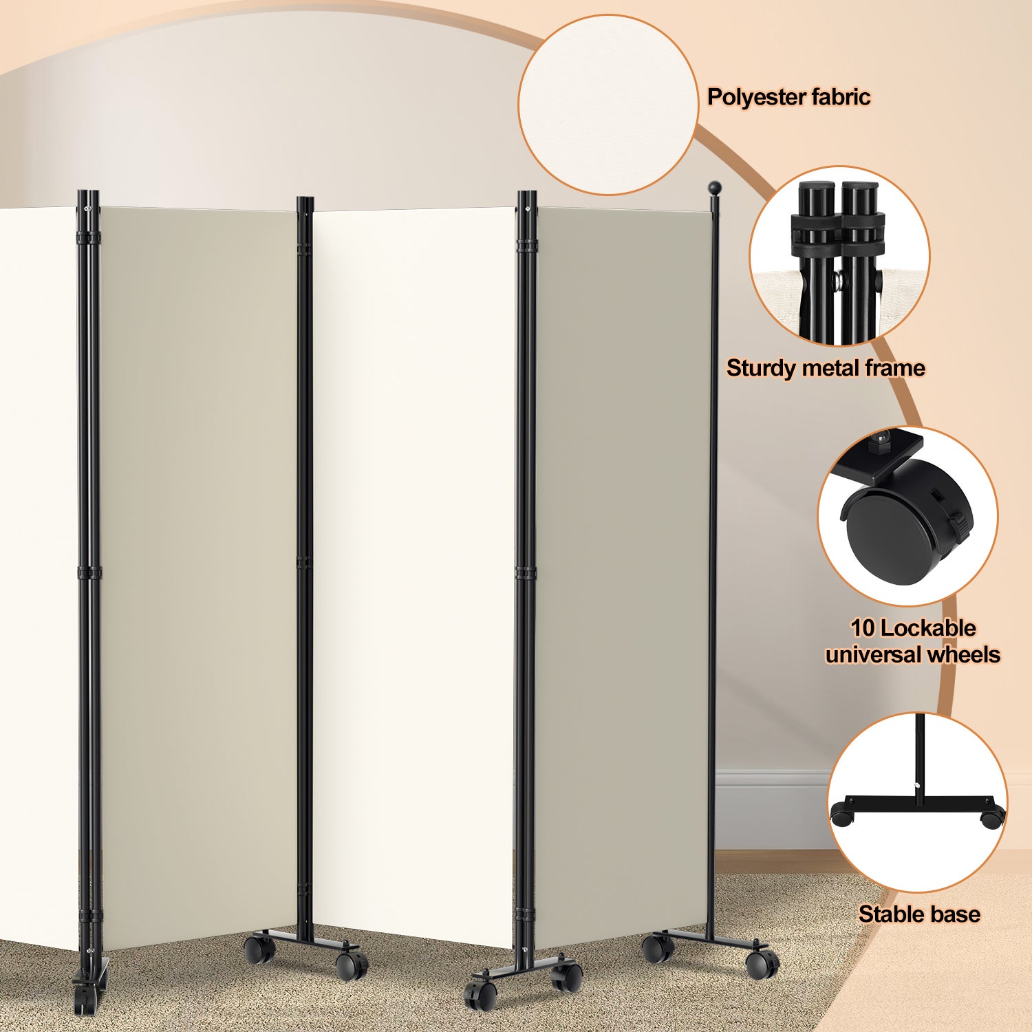 Paravent Séparation Pliable avec roulettes, Cadre en Métal, Idéal pour Salon, Bureau, Hôpital 4 Panneaux Beige 228x181 cm - 4