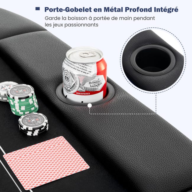 Table De Poker Pliable Pour 8 Joueurs - 182 Cm - Feutrine, Accoudoirs Rembourrés, 8 Porte-gobelets Métal - Pour Soirées Jeu, Famille, Fêtes